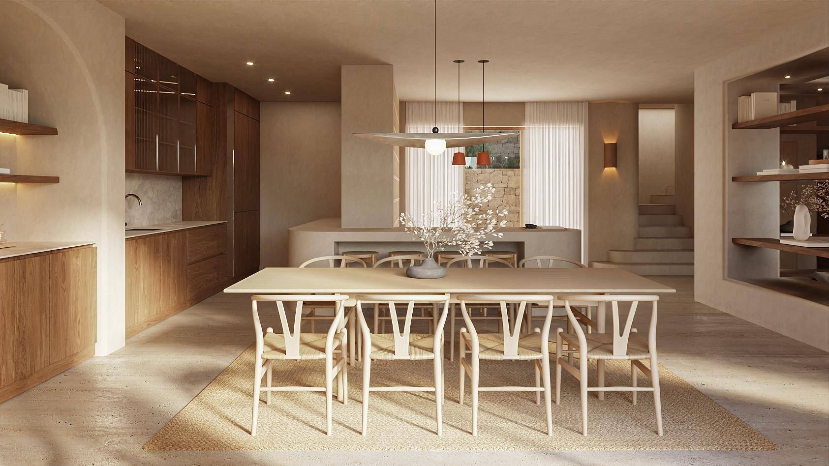 Heller Essbereich mit Holztisch und Stühlen, angrenzend an eine moderne Holzküche.