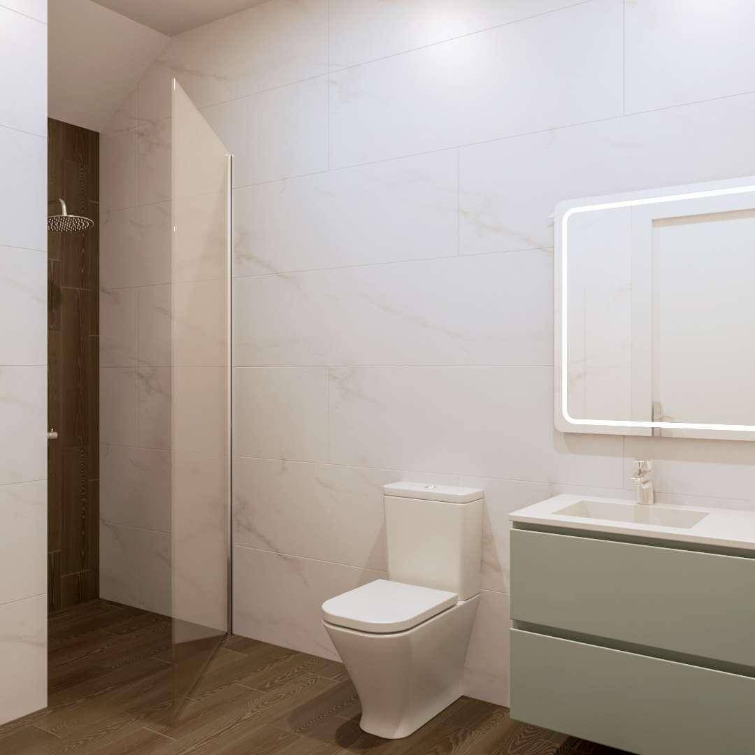 Modernes Badezimmer mit begehbarer Dusche, wandhängendem WC und elegantem Waschtisch.