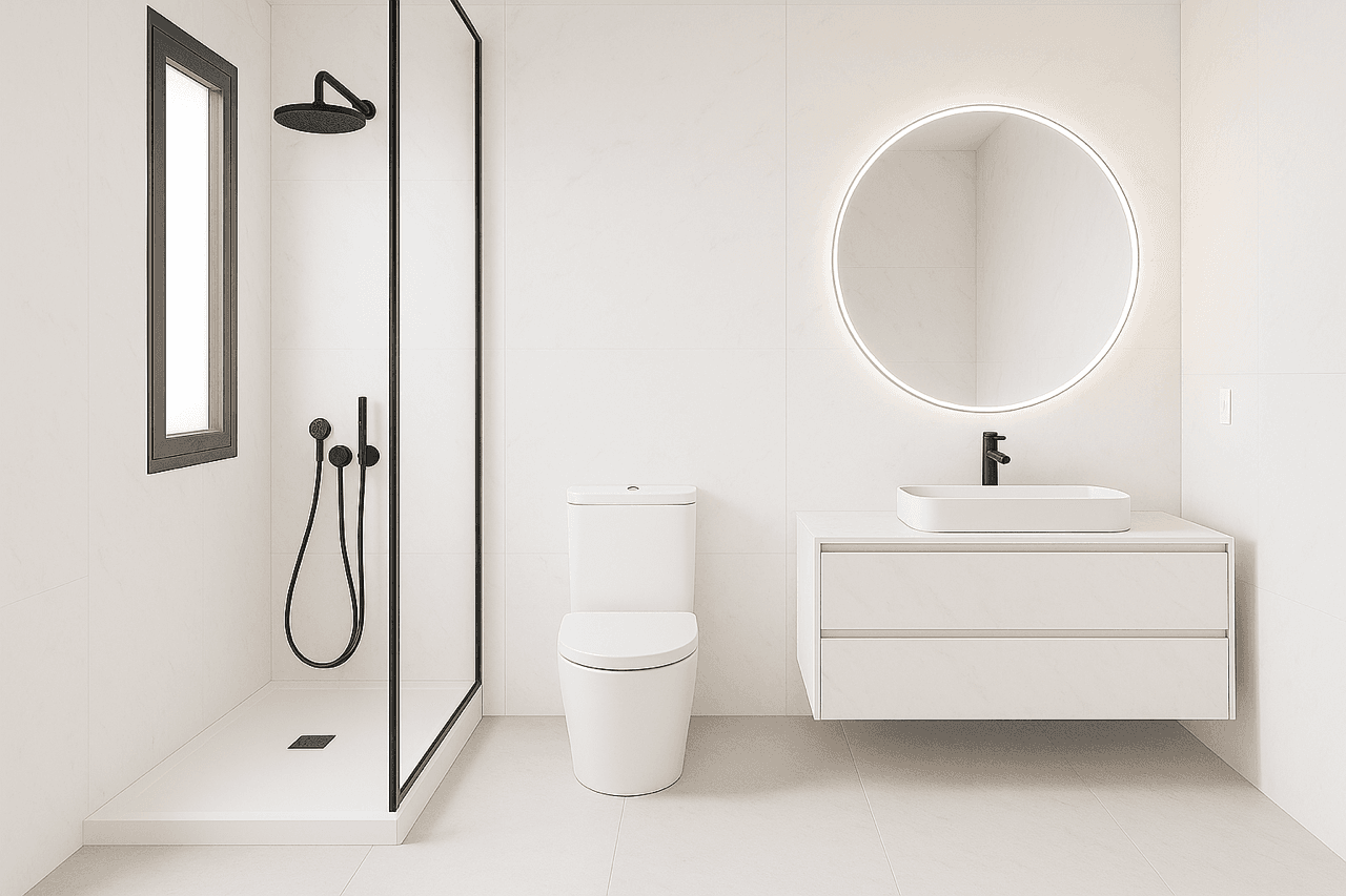 Helles, modernes Badezimmer mit ebenerdiger Dusche, schwebendem Waschtisch und beleuchtetem Spiegel.