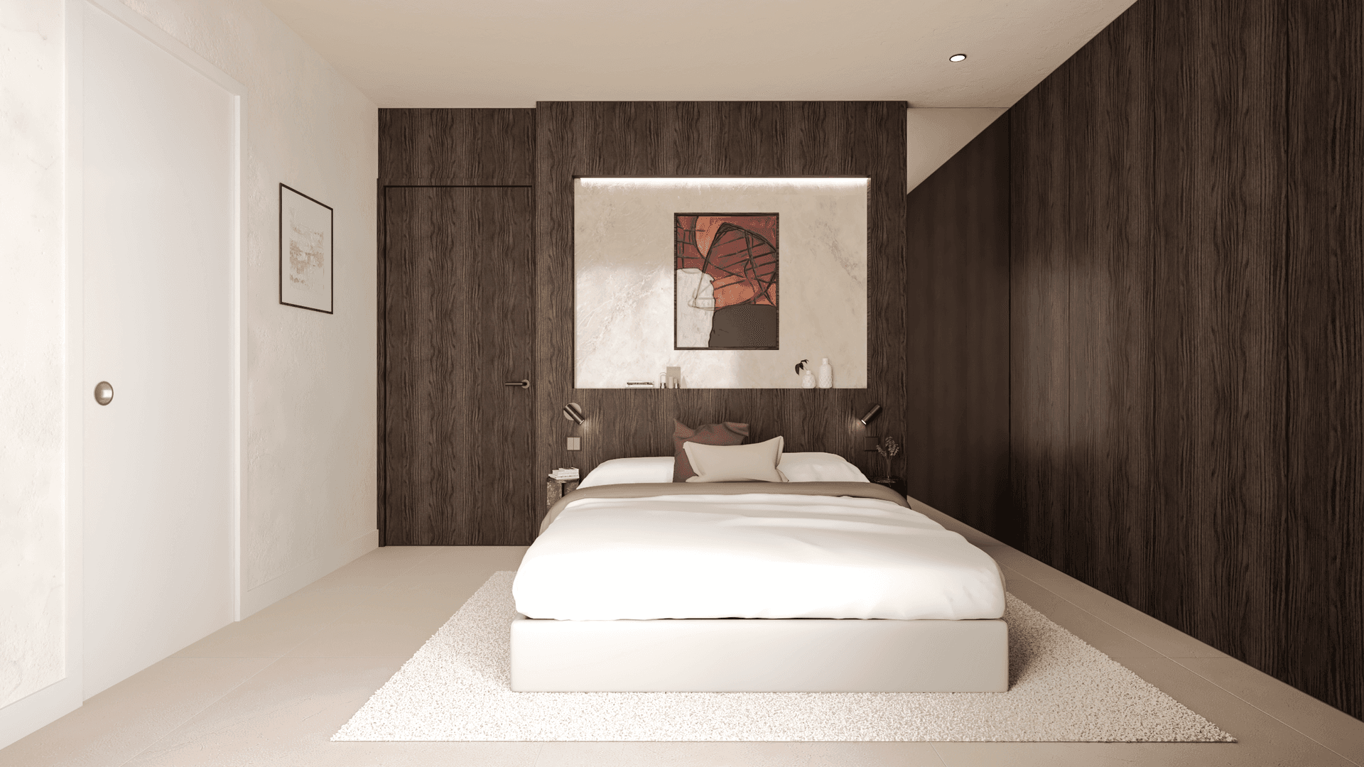 Helles Schlafzimmer mit Holzwandverkleidung, großem Bett und minimalistischer Einrichtung.