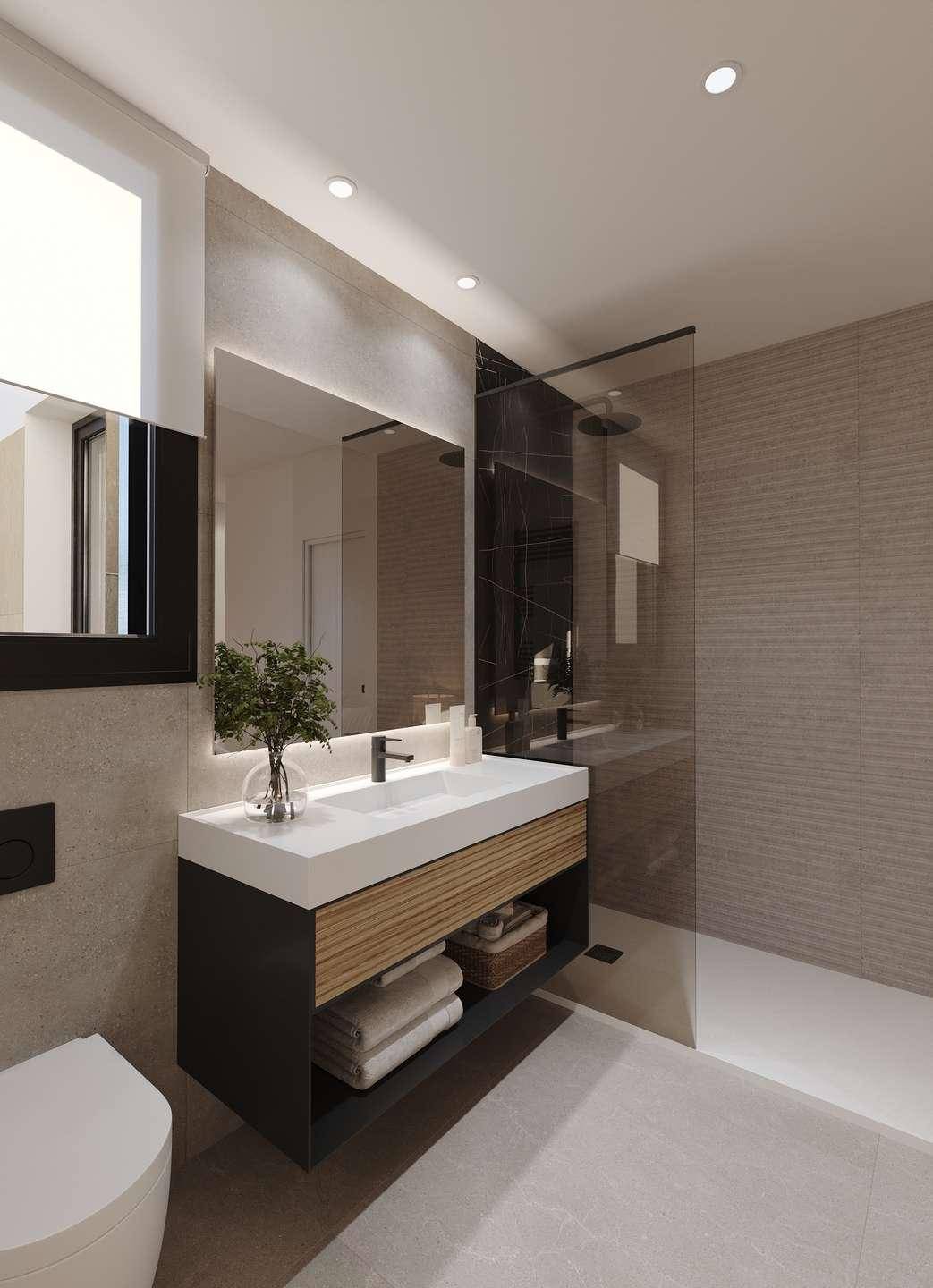 Modernes Badezimmer mit schwebendem Waschtisch, Einzelwaschbecken und einer geräumigen begehbaren Dusche.
