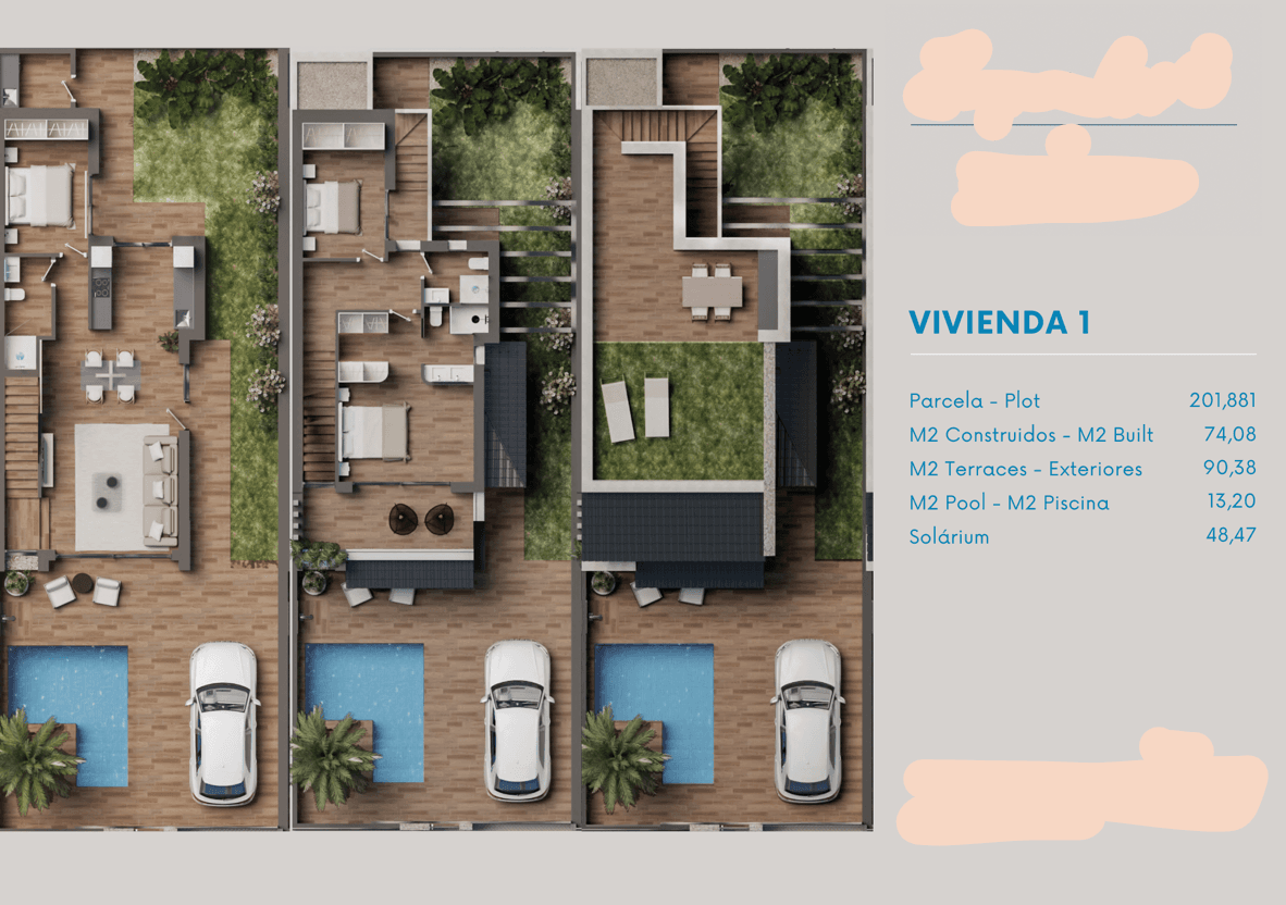 Detaillierter Grundriss der Wohneinheiten mit Garten, Pool und Parkplätzen.