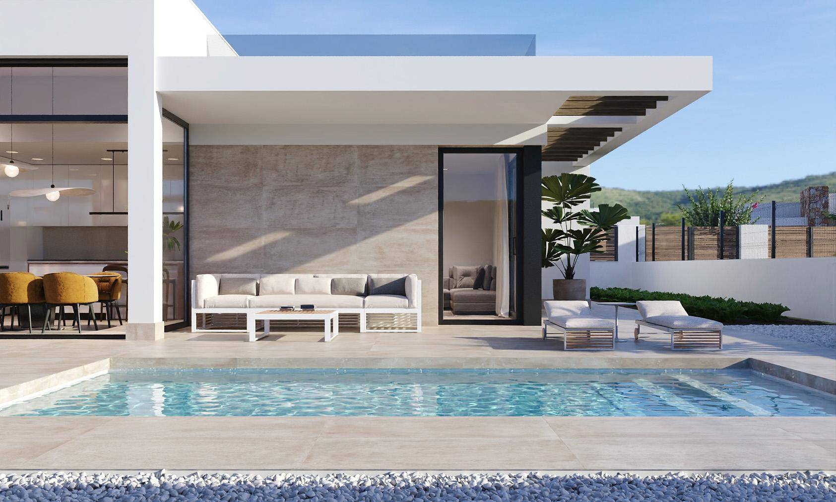 Detailansicht des Pools und der eleganten Outdoor-Lounge-Bereichs mit bequemen Möbeln.