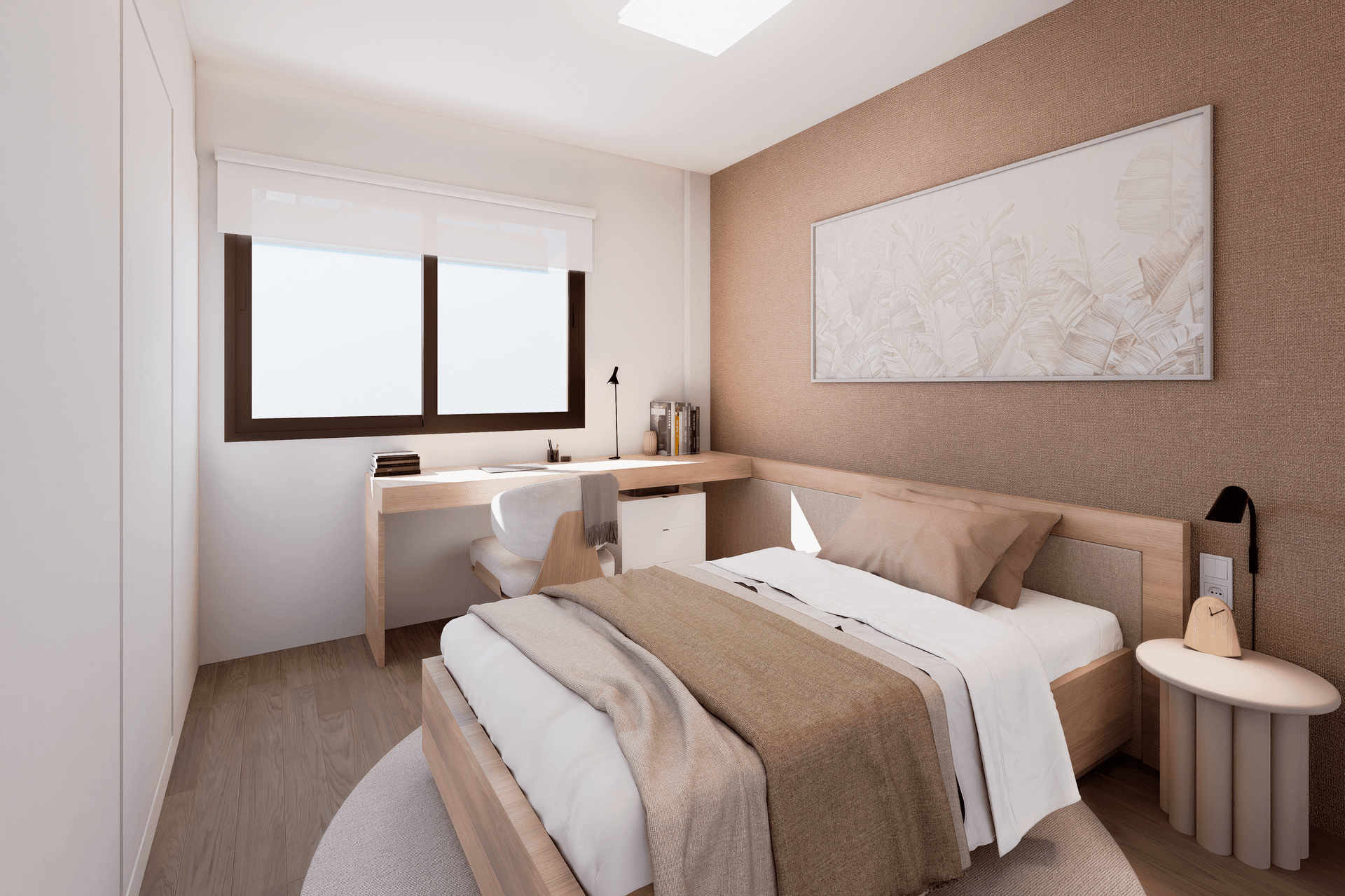 Helles Schlafzimmer mit integriertem Schreibtisch, Holzbett und modernem Design.