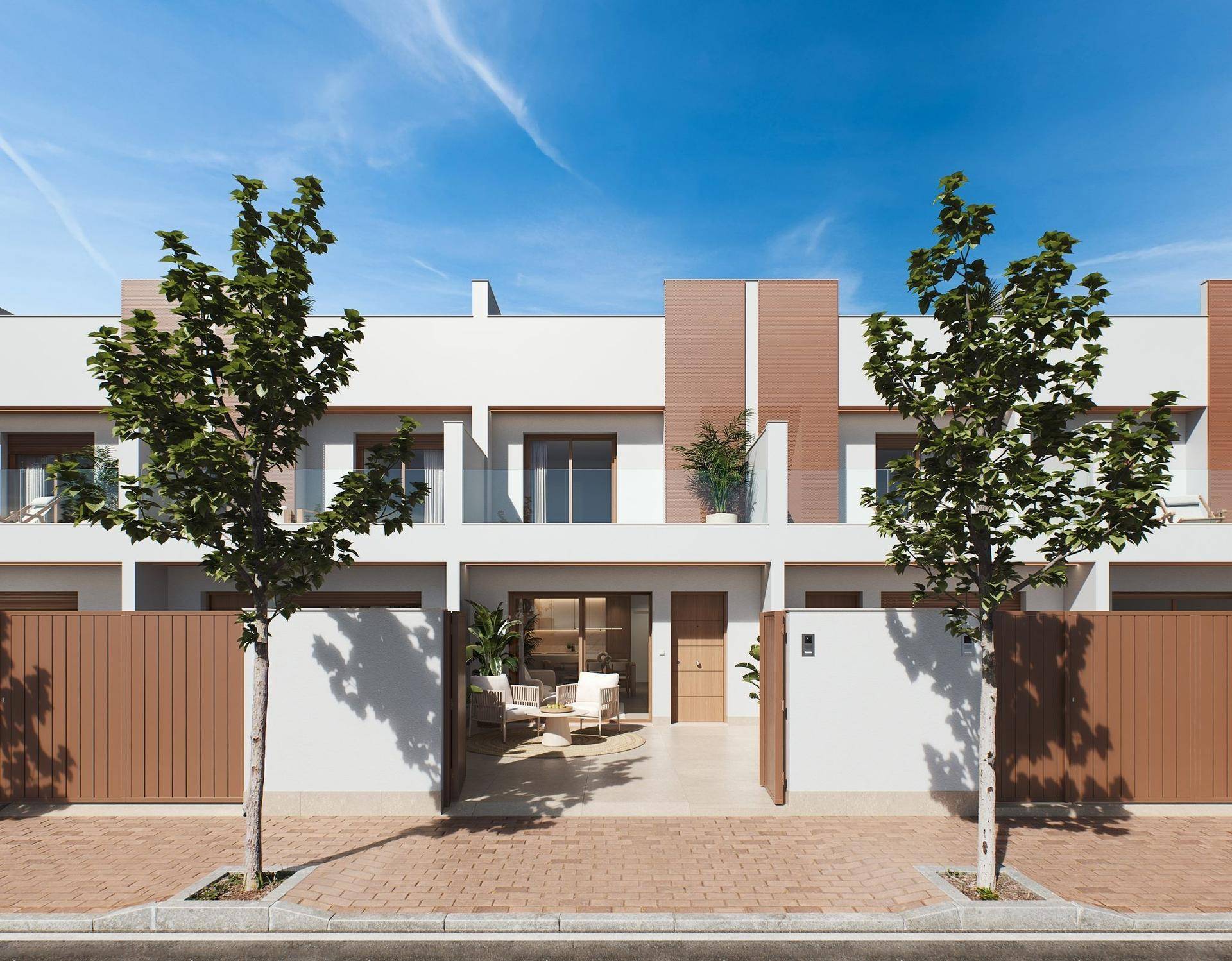 Ansicht von zwei modernen Reihenhäusern mit weißer Fassade und braunen Details von der Straße.