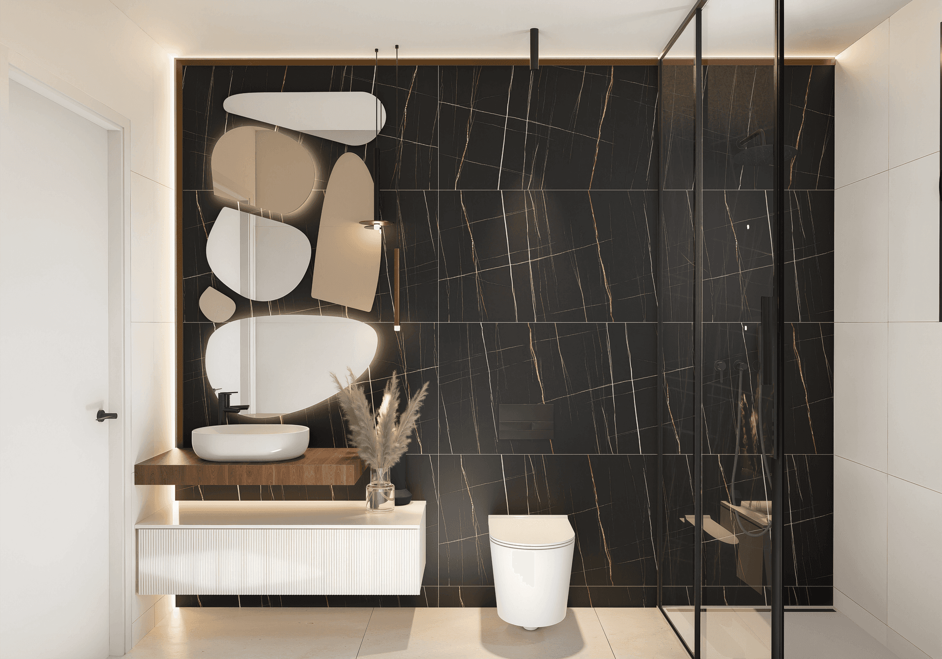 Modernes Badezimmer mit dunklen Marmorfliesen, begehbarer Dusche und stilvollem Waschtisch mit integriertem Schrank.