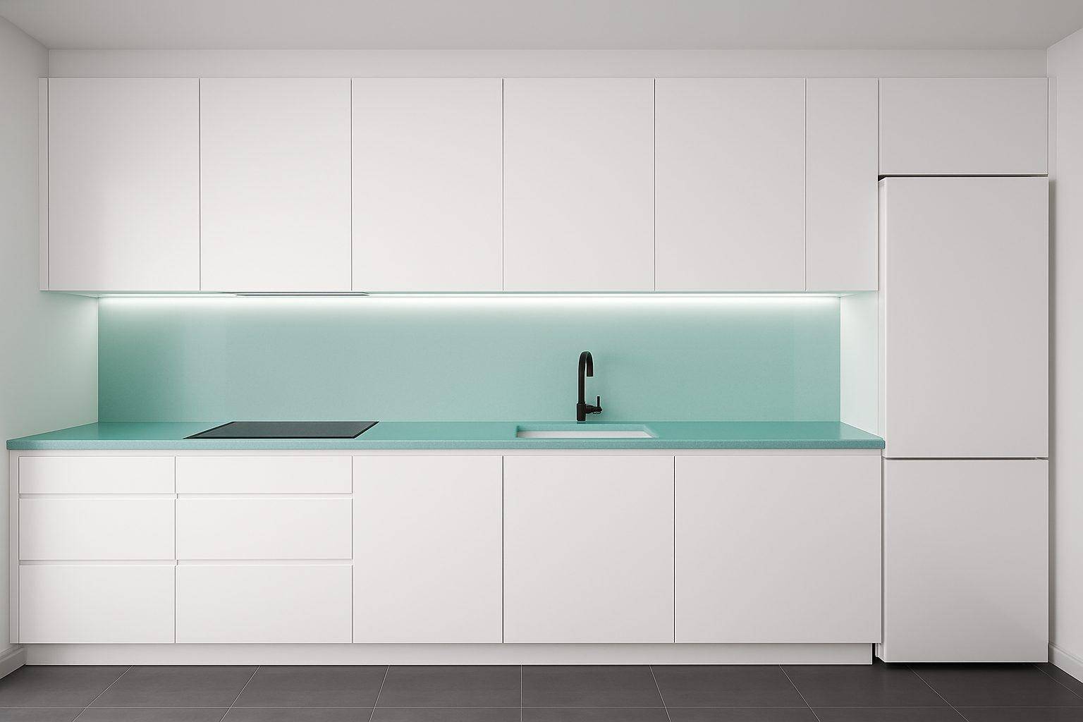 Minimalistische weiße Küche mit integrierten Geräten, türkisfarbener Rückwand und dunklem Boden.
