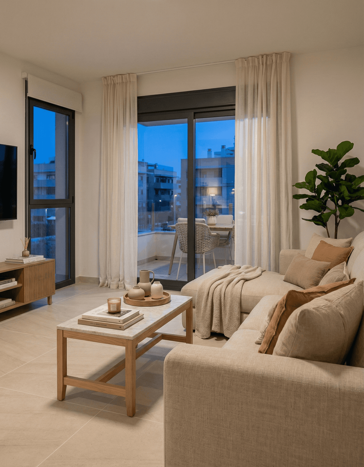 Gemütliches Wohnzimmer mit beigem Sofa, Couchtisch und Zugang zu einem Balkon am Abend.