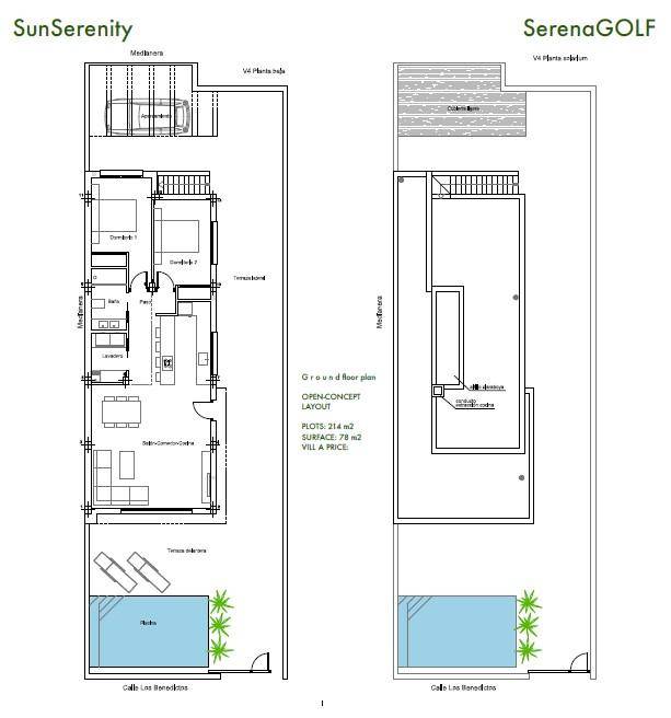 Grundrissplan zeigt die Aufteilung einer Villa mit offenem Wohnkonzept und Pool.
