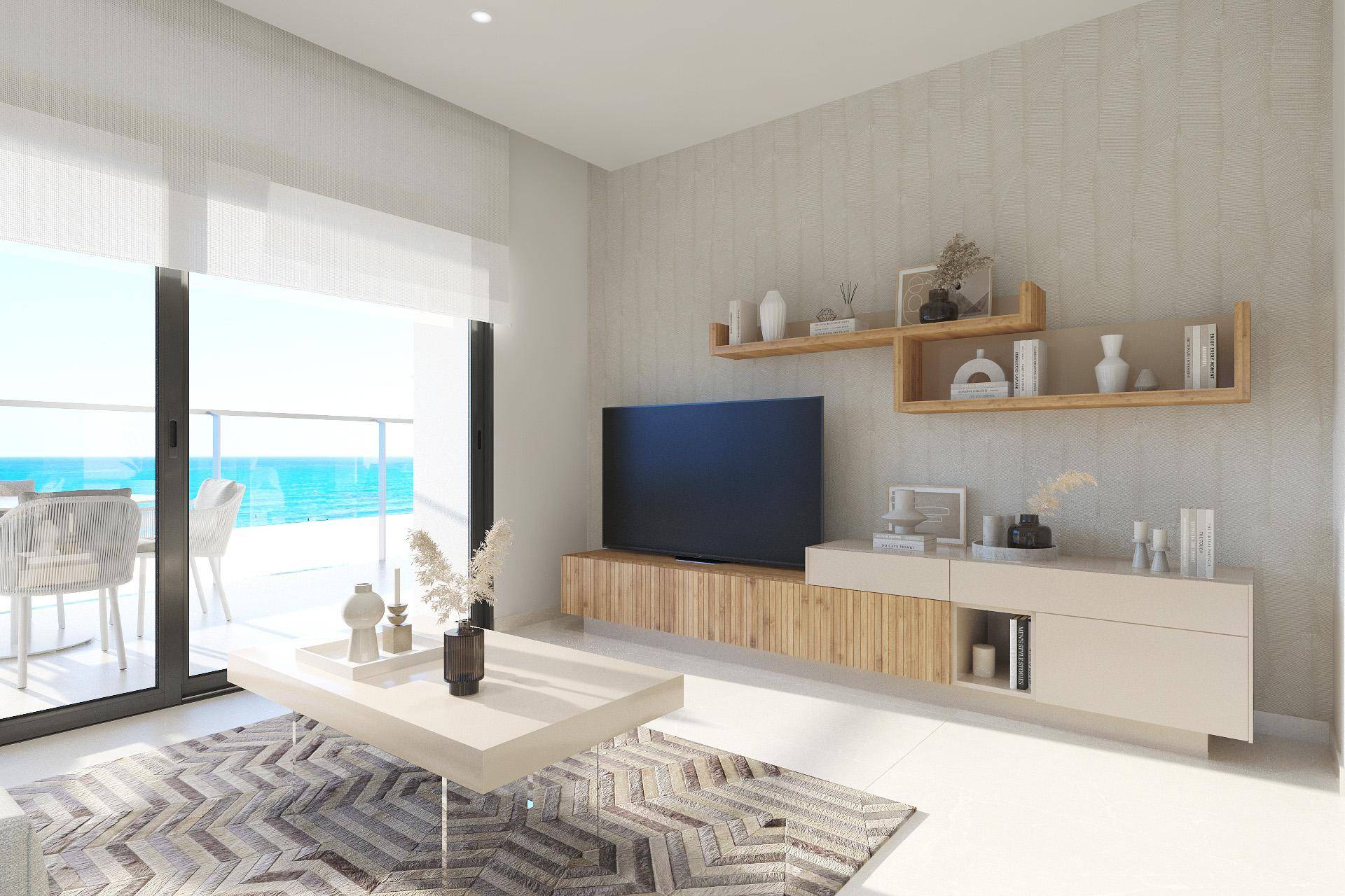 Helles Wohnzimmer mit Meerblick, Holzmöbeln und minimalistischer Dekoration.
