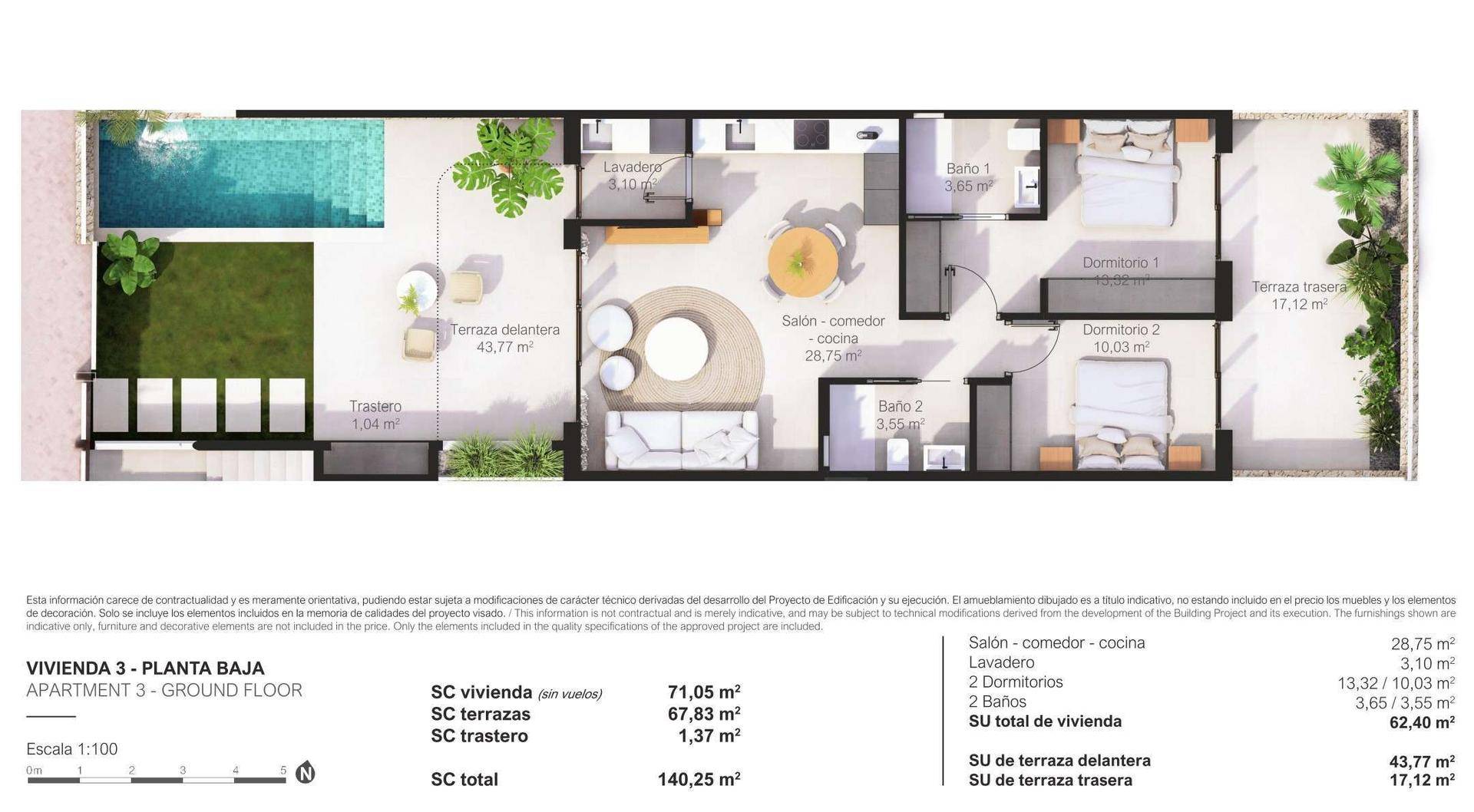Grundriss einer Erdgeschosswohnung mit zwei Schlafzimmern, Terrasse und Pool.