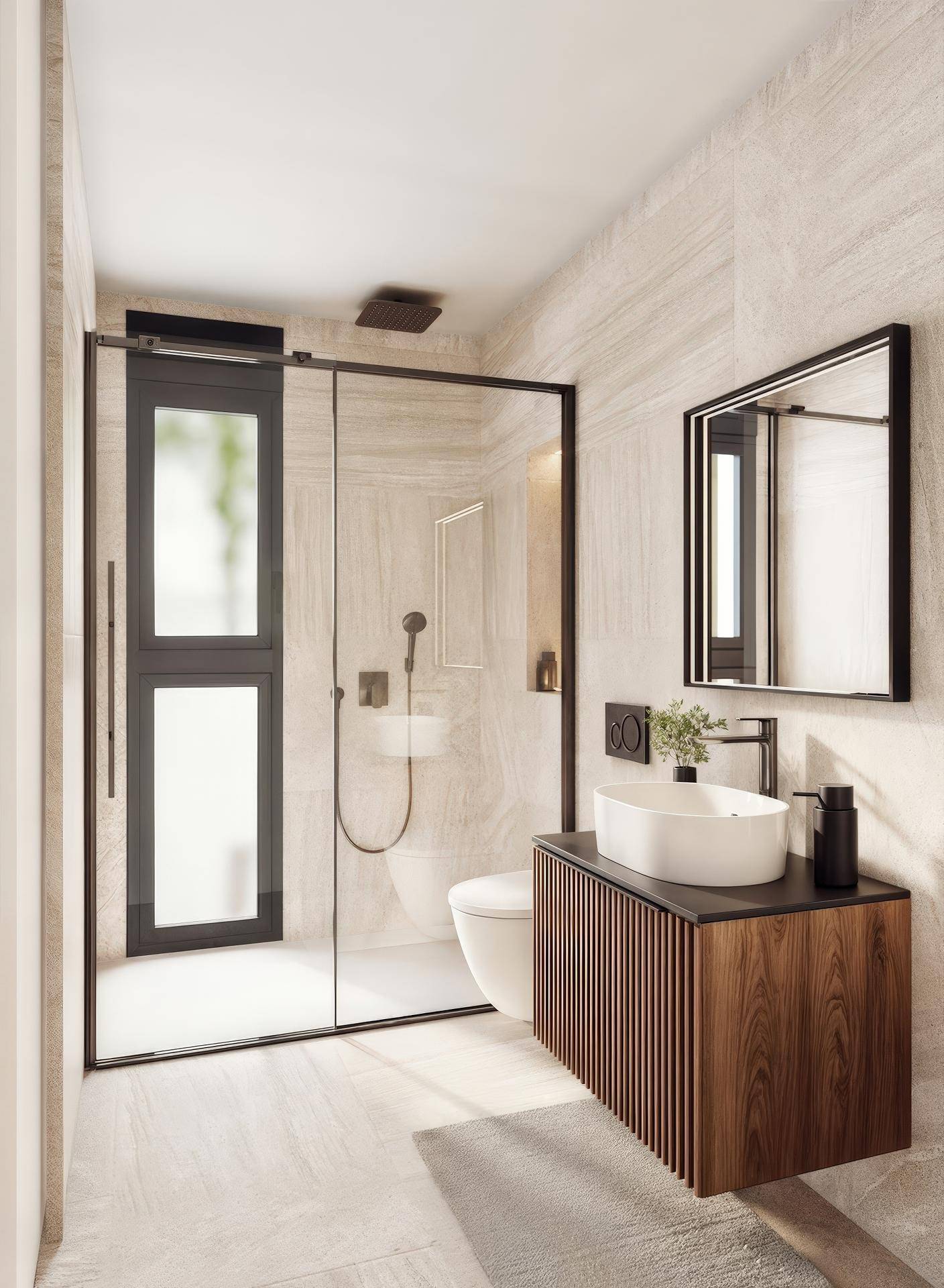 Modernes Badezimmer mit begehbarer Dusche, elegantem Holzwaschtisch und minimalistischem Design.