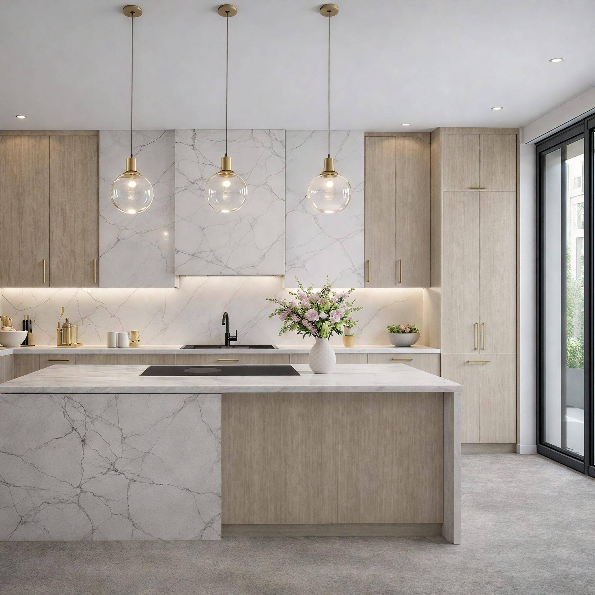 Moderne Küche mit Marmor-Arbeitsplatten, Holzschränken und stilvollen Pendelleuchten.