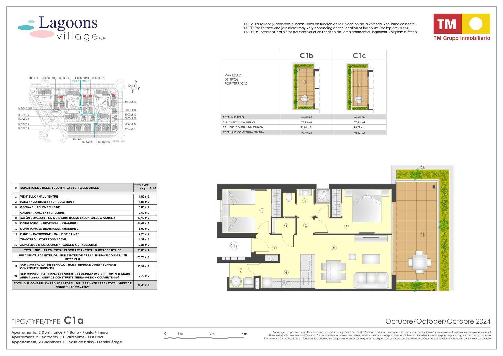Detaillierter Grundriss einer Wohnung mit Terrasse, Schlafzimmern und offenem Wohnbereich.