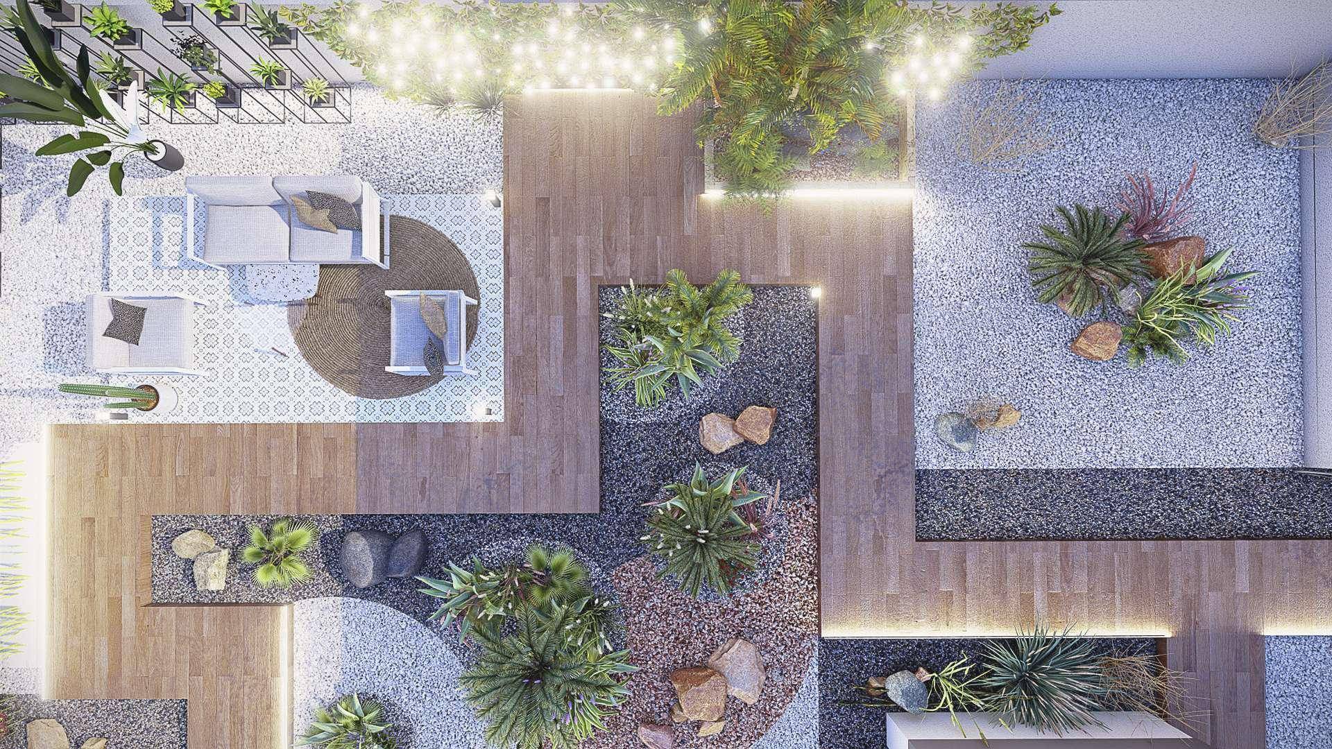 Draufsicht auf die gestaltete Dachterrasse mit verschiedenen Sitzbereichen und Pflanzenarrangements.