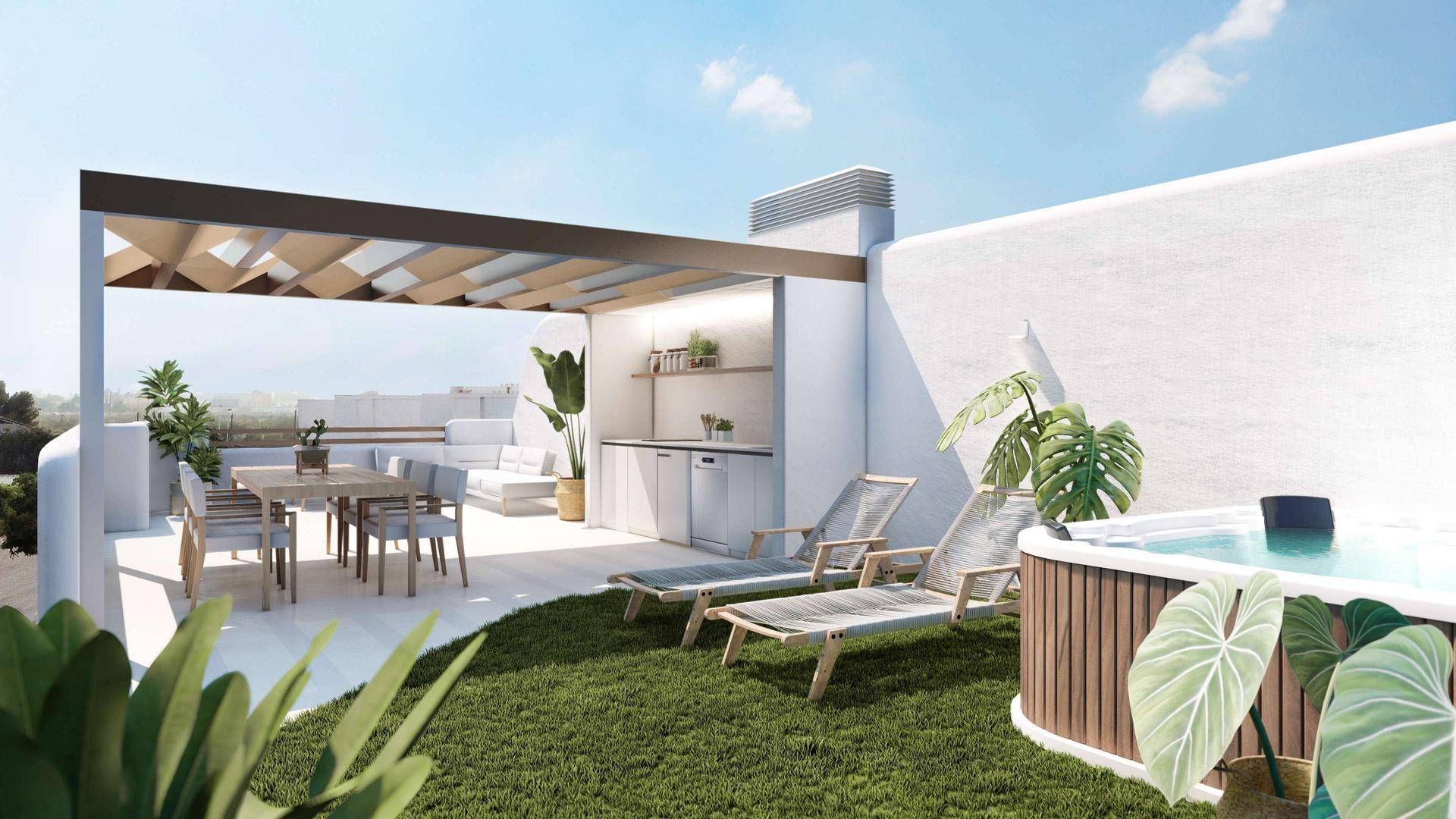 Großzügige Dachterrasse mit Whirlpool, Essbereich und Außenküche.