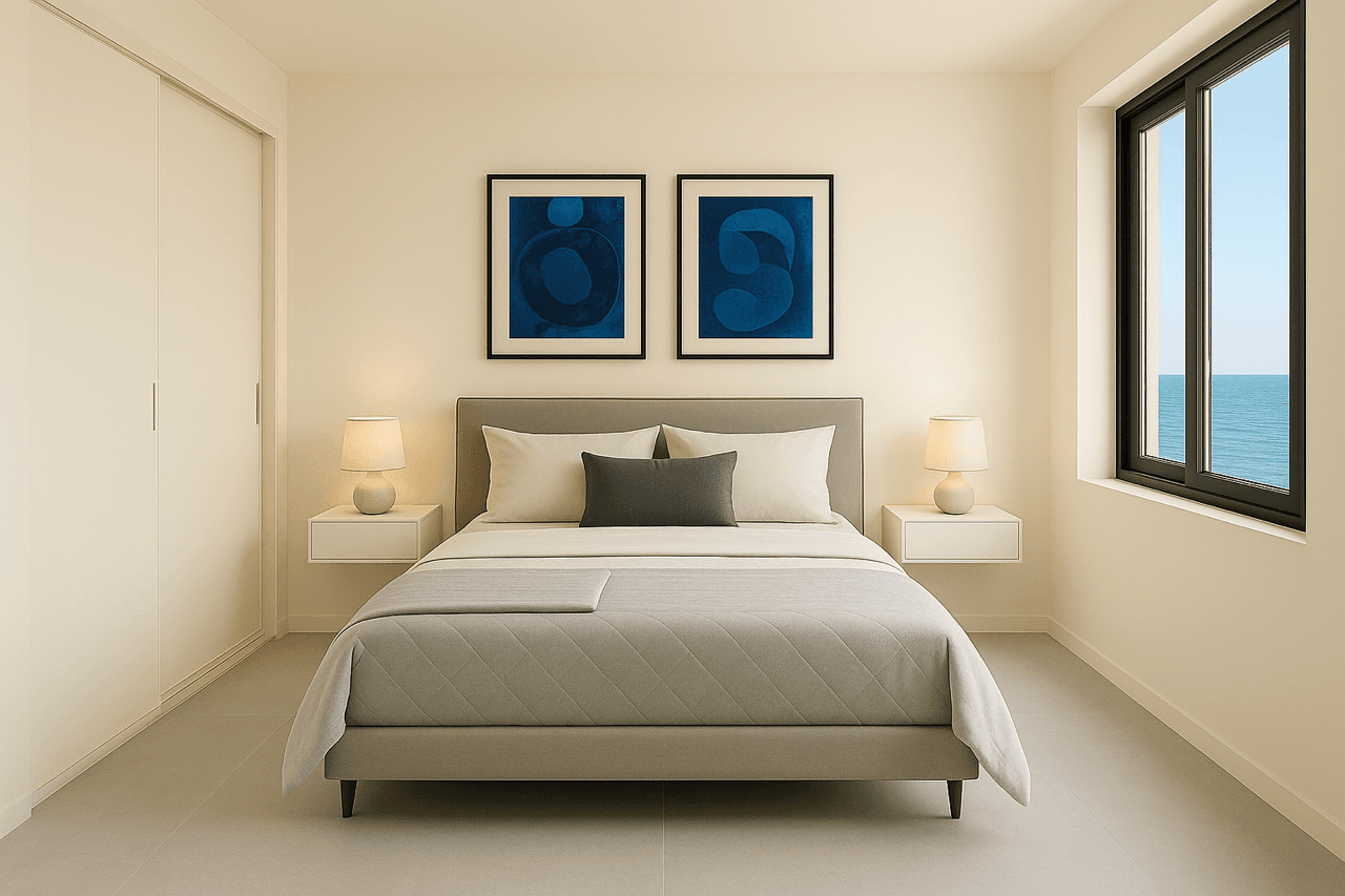 Helles Schlafzimmer mit Meerblick, Einbauschrank und moderner Einrichtung.