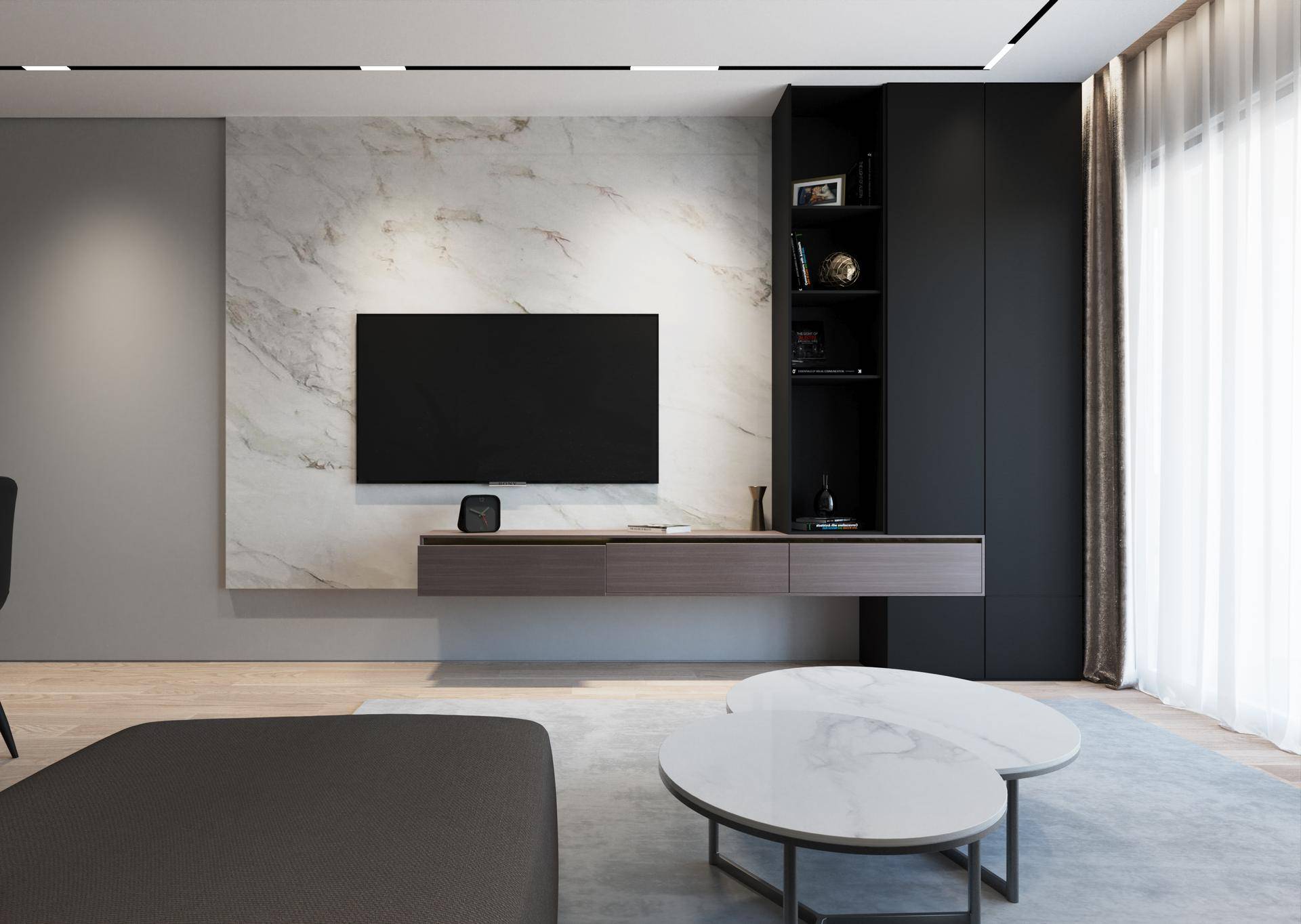 Wohnzimmer mit moderner TV-Wand, schwebendem Sideboard und eleganter Marmorverkleidung.