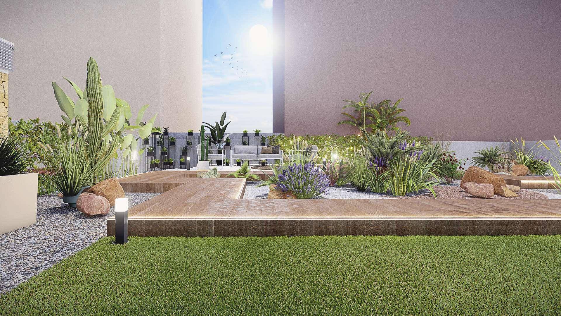 Grüne Dachgartenanlage mit Holzstegen, Rasen und vielfältiger Bepflanzung unter hellem Himmel.