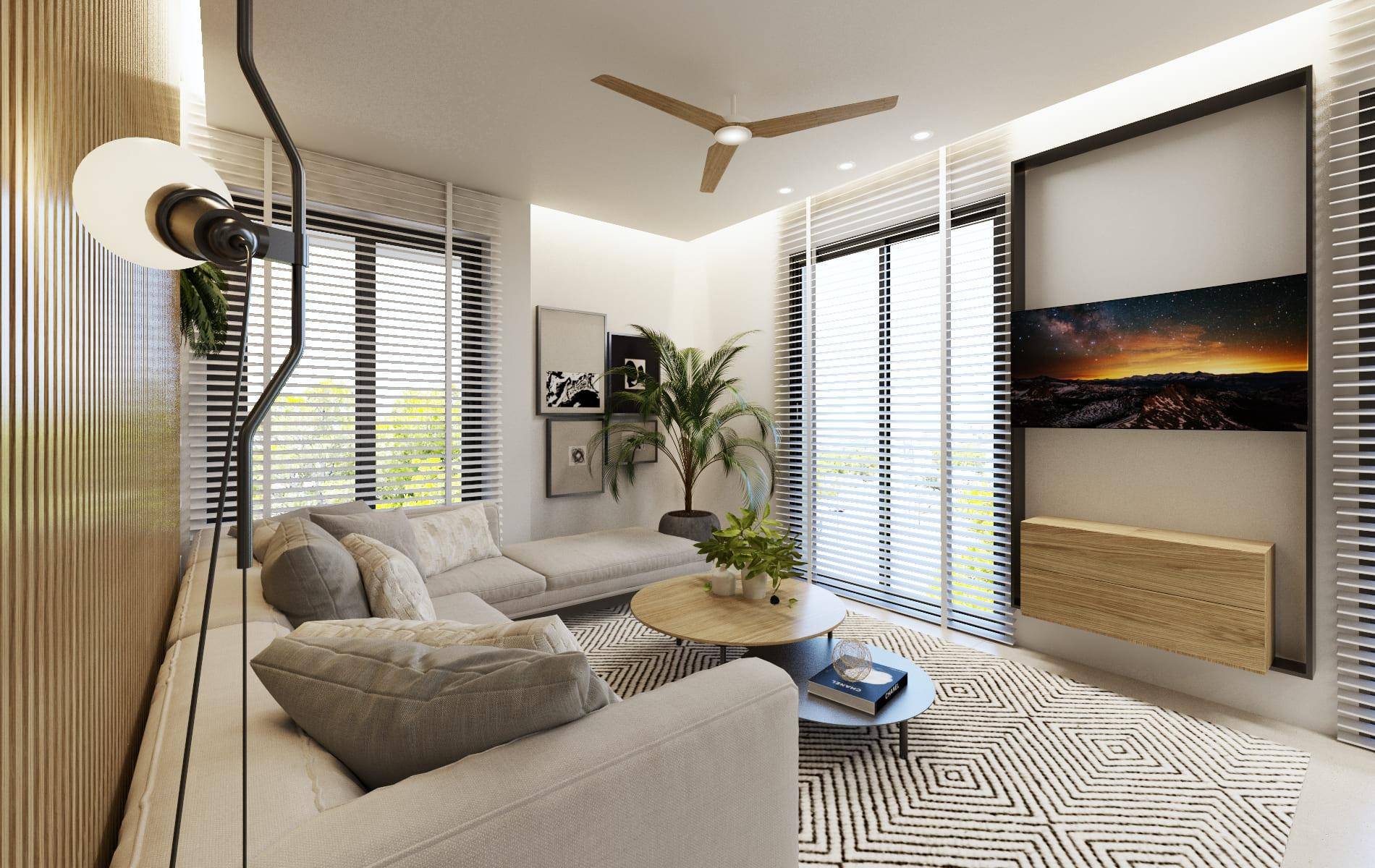 Stilvolles Wohnzimmer mit gemütlicher Sitzecke, modernen Möbeln und großen Fenstern.