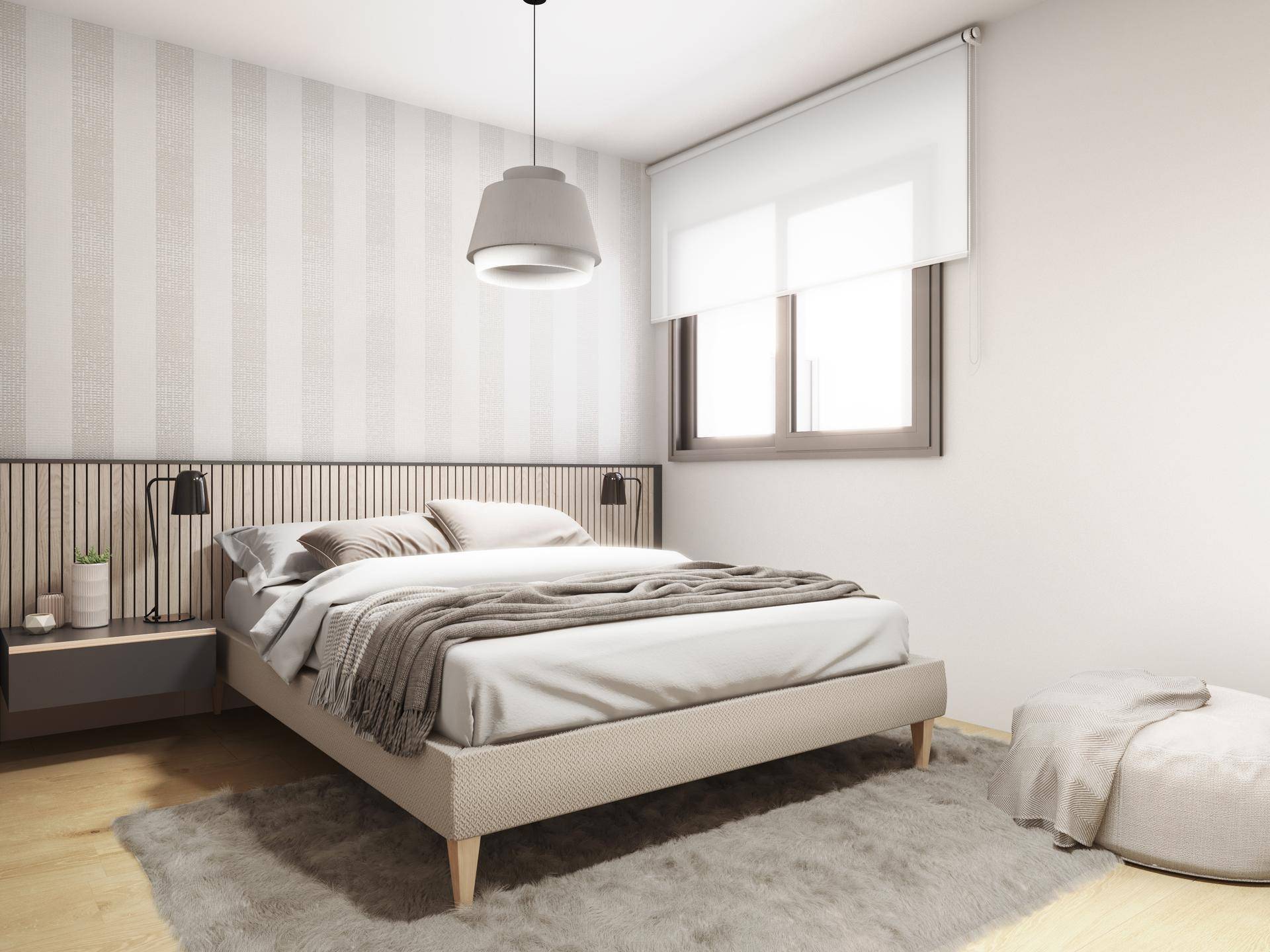 Gemütliches Schlafzimmer mit modernem Bett, Holzpaneel-Kopfteil und weichem Teppichboden.