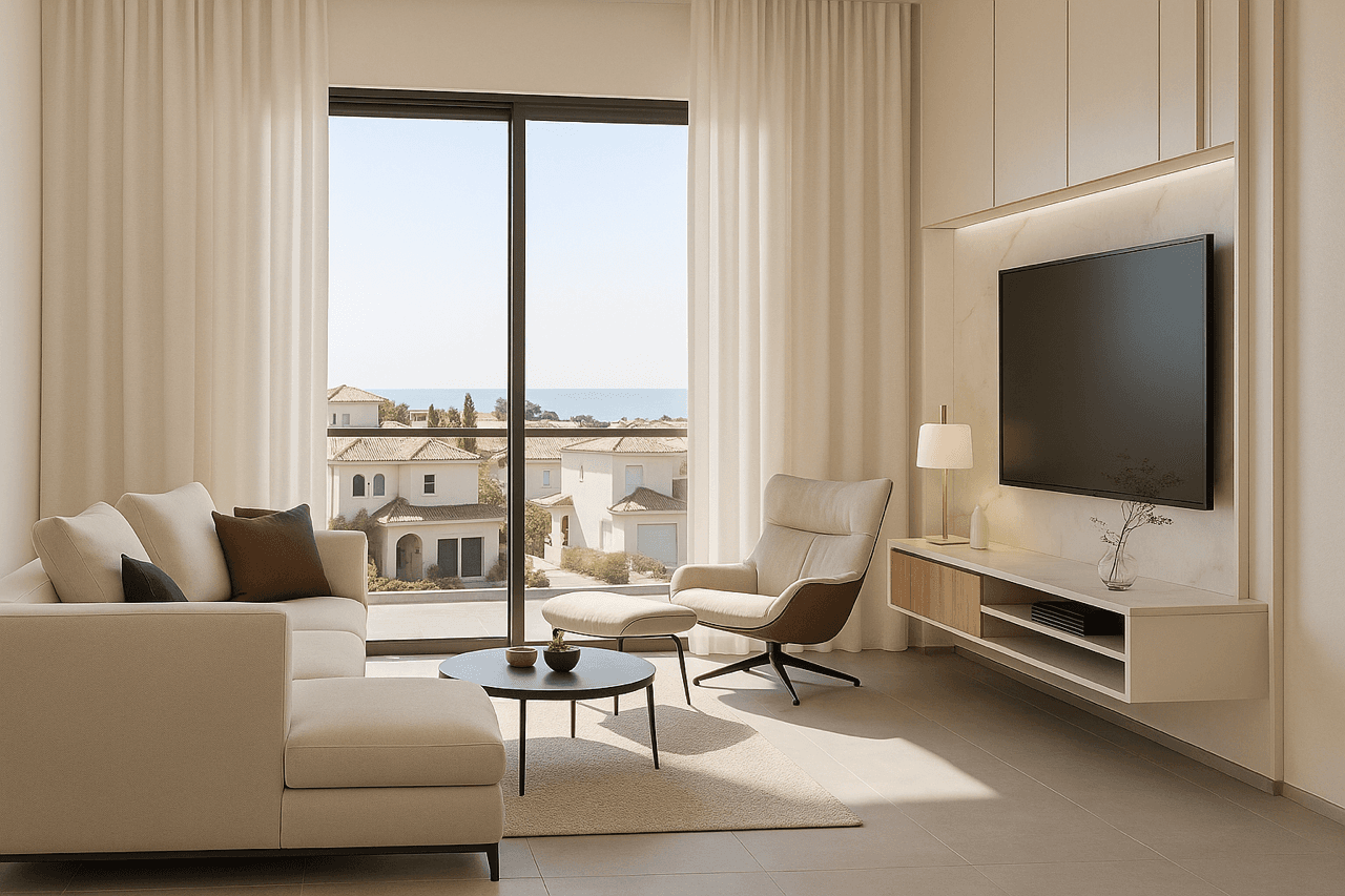 Lichtdurchflutetes Wohnzimmer mit Meerblick, großen Fenstern und moderner Einrichtung.