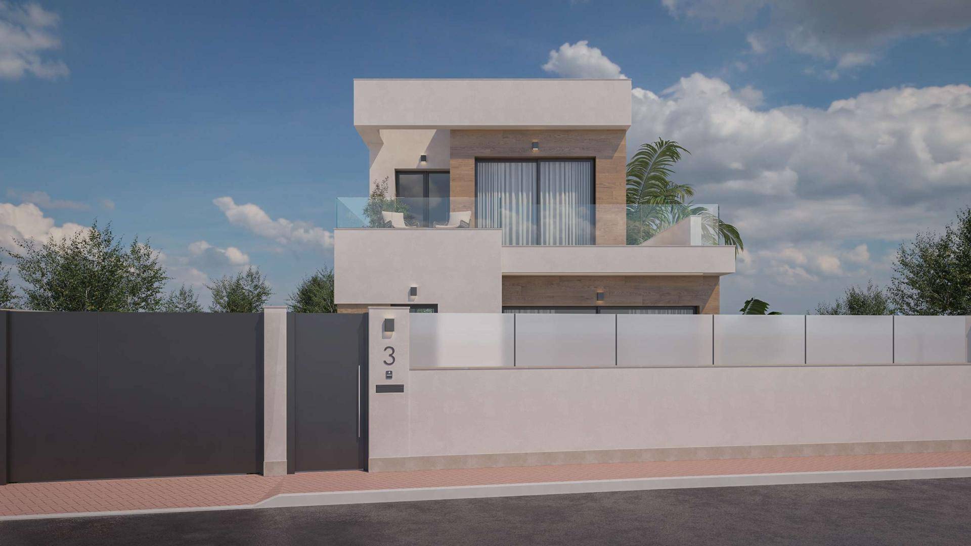 Moderne Villa von der Straße aus gesehen mit eleganter Zufahrt und privatem Eingangstor.