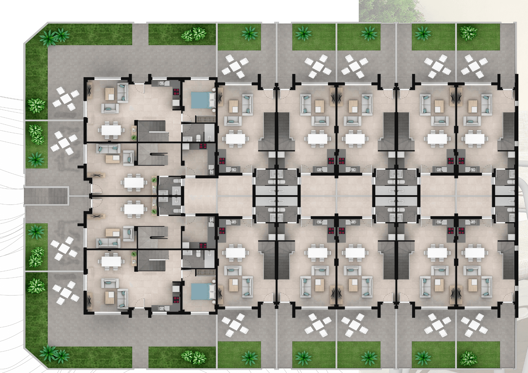 Grundrissplan der Erdgeschosseinheiten mit privaten Gärten und Terrassenbereichen.