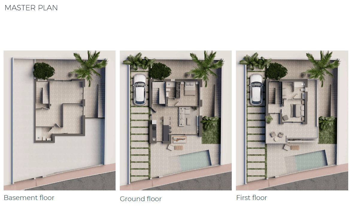 Übersichtlicher Masterplan mit Grundrissen für Keller, Erdgeschoss und Obergeschoss der Villa.