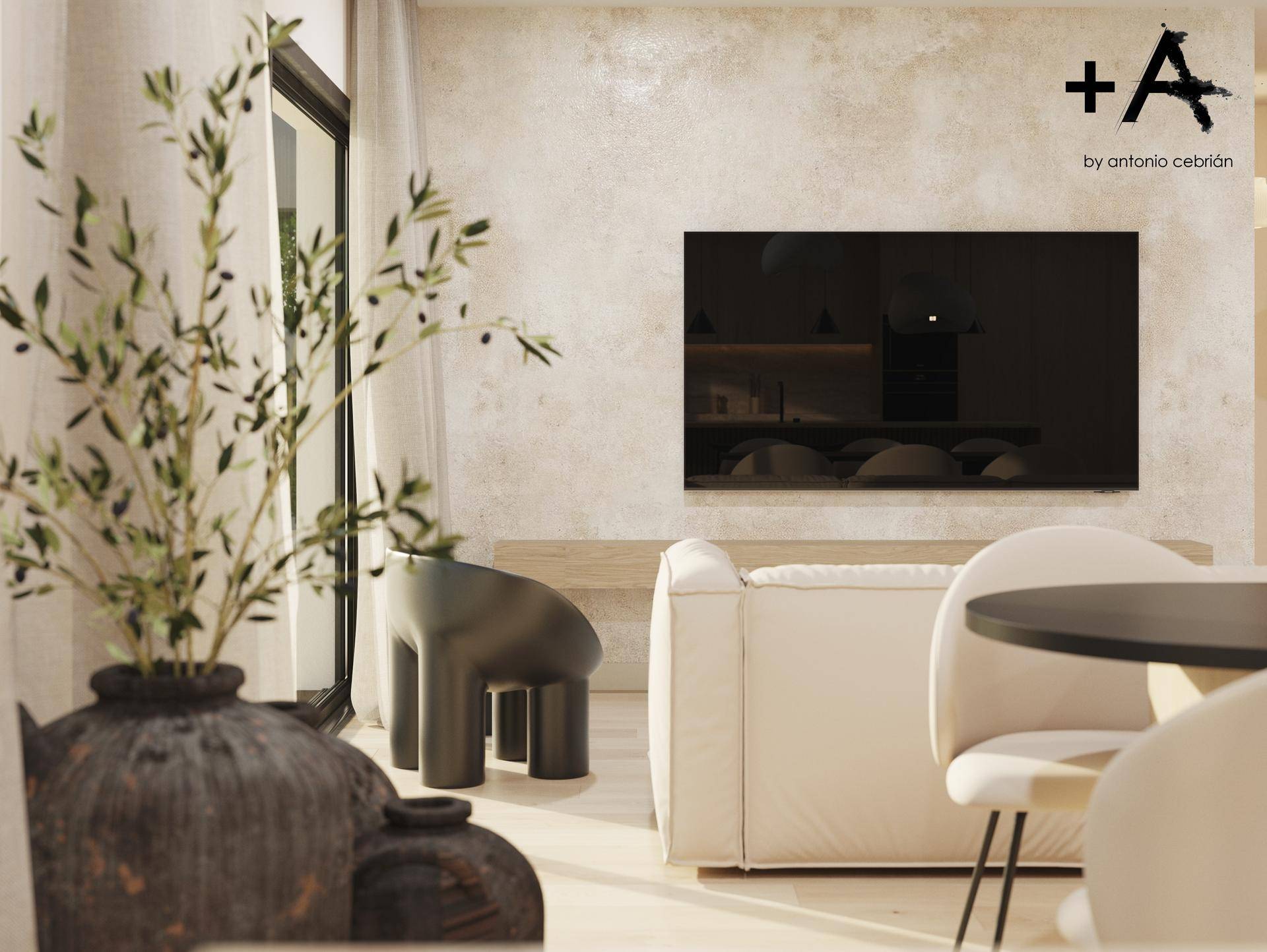 Detailansicht des Wohnbereichs mit beiger Couch, Fernseher und dekorativer Pflanze.