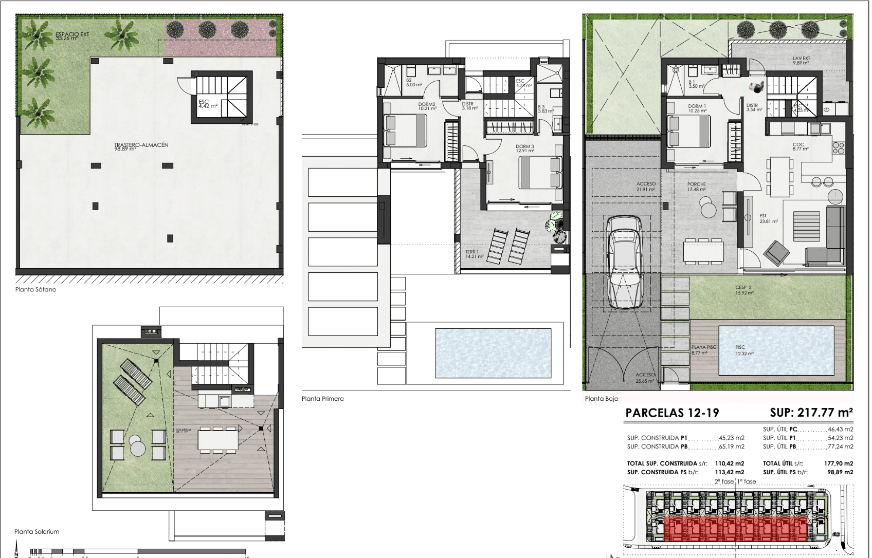 Detaillierter Grundriss mit mehreren Etagen, Pool und Dachterrasse.