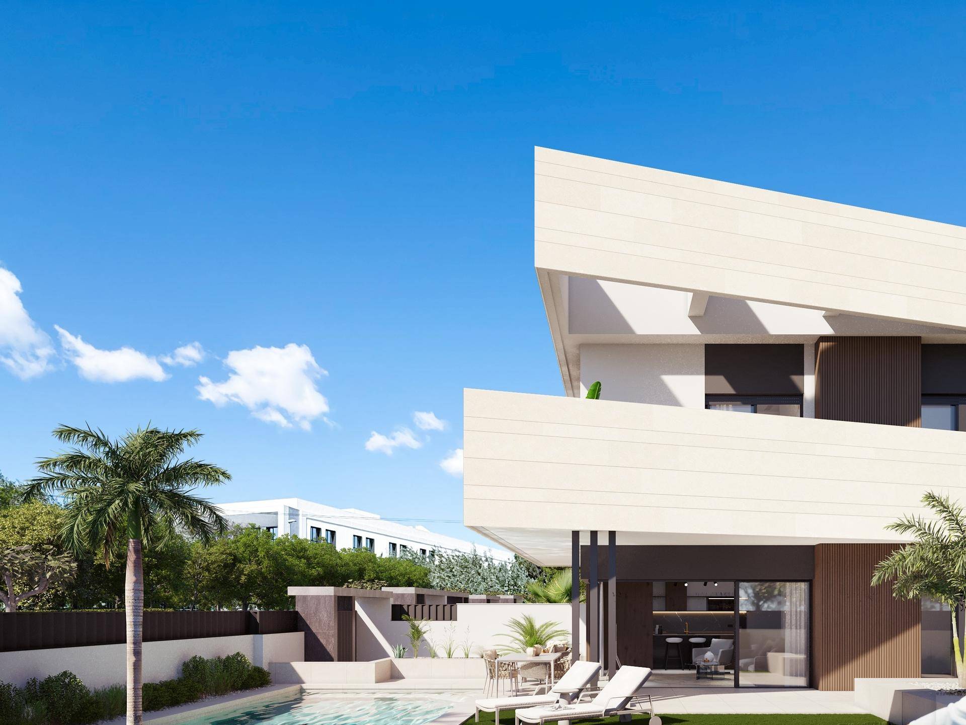 Architektonisch anspruchsvolle moderne Villa mit klaren Linien und großem Poolbereich.
