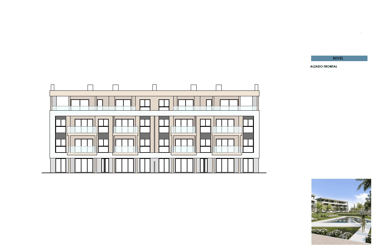 Eine architektonische Ansicht der Gebäudefassade mit Balkonen und Fensterfronten.