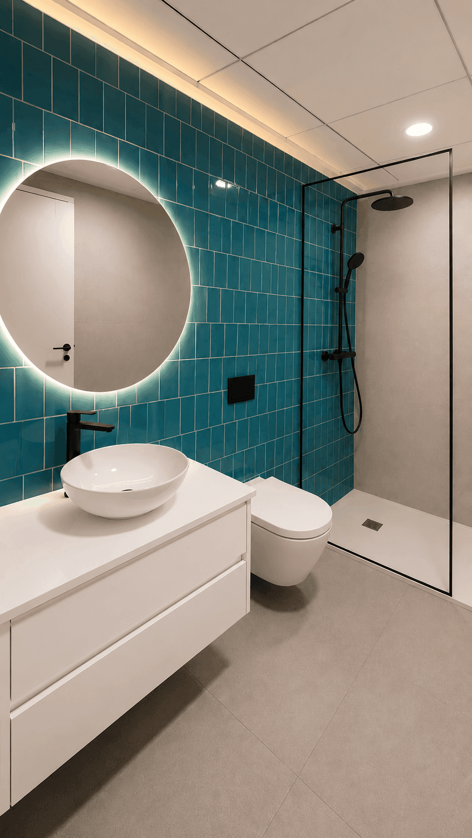 Modernes Badezimmer mit türkisfarbenen Fliesen, runden Spiegel und ebenerdiger Dusche.