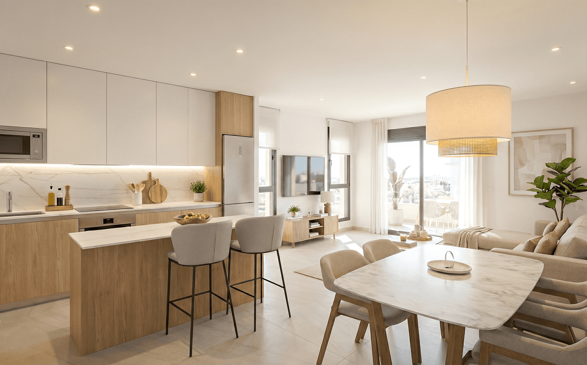 Heller offener Wohn-Essbereich mit moderner Küche, Insel und Zugang zum Balkon.