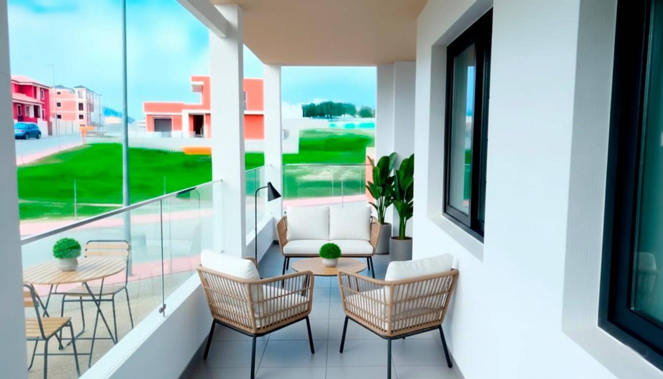 Möblierter Balkon mit Rattanmöbeln und Glasgeländer, bietet einen Blick ins Grüne.