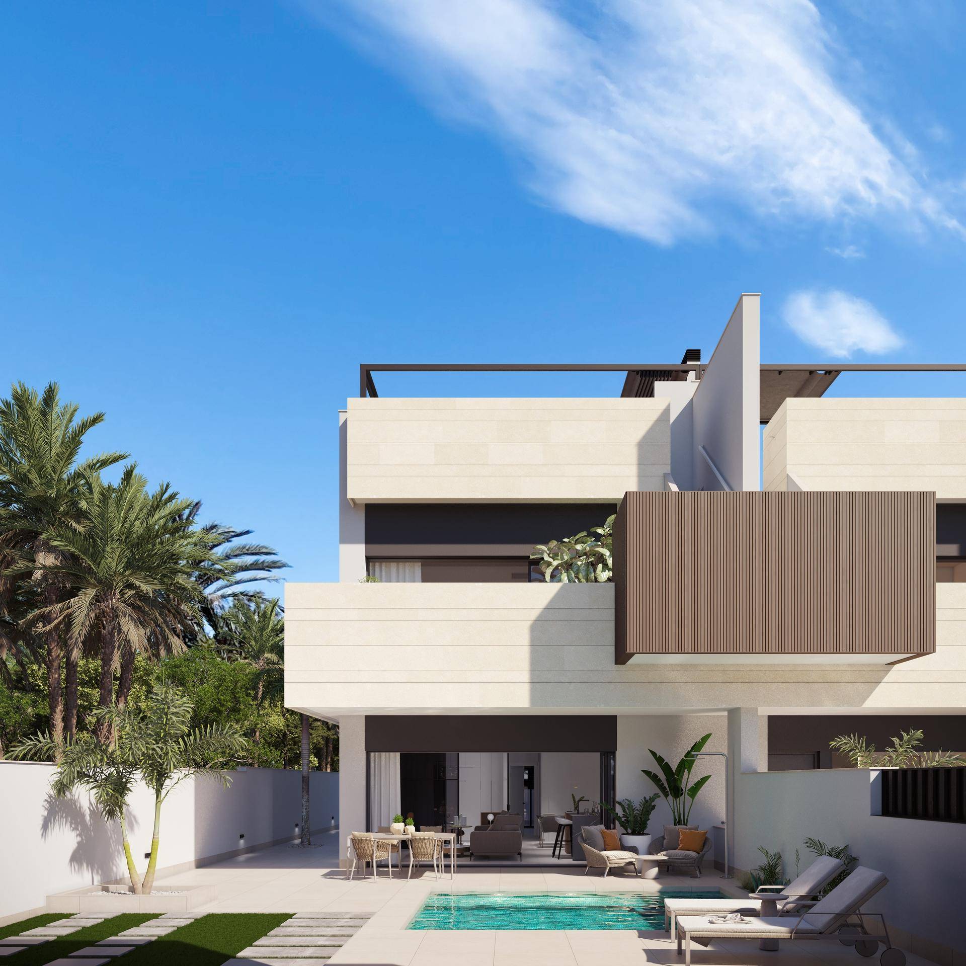 Moderne Architektur mit privatem Pool, Garten und Palmen im mediterranen Stil.