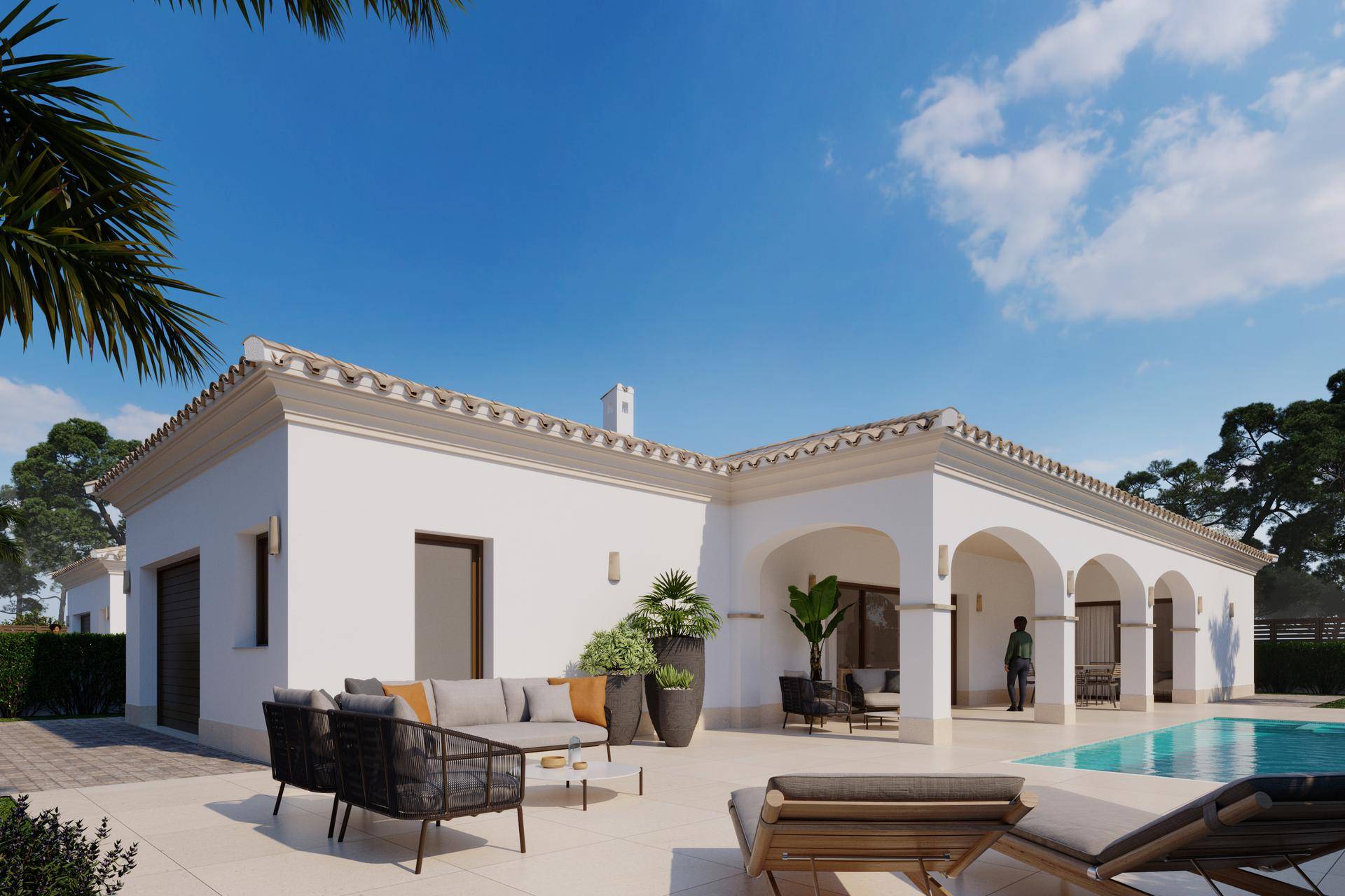 Moderne Villa mit großem Poolbereich, gemütlichen Sitzgelegenheiten und mediterraner Bepflanzung.