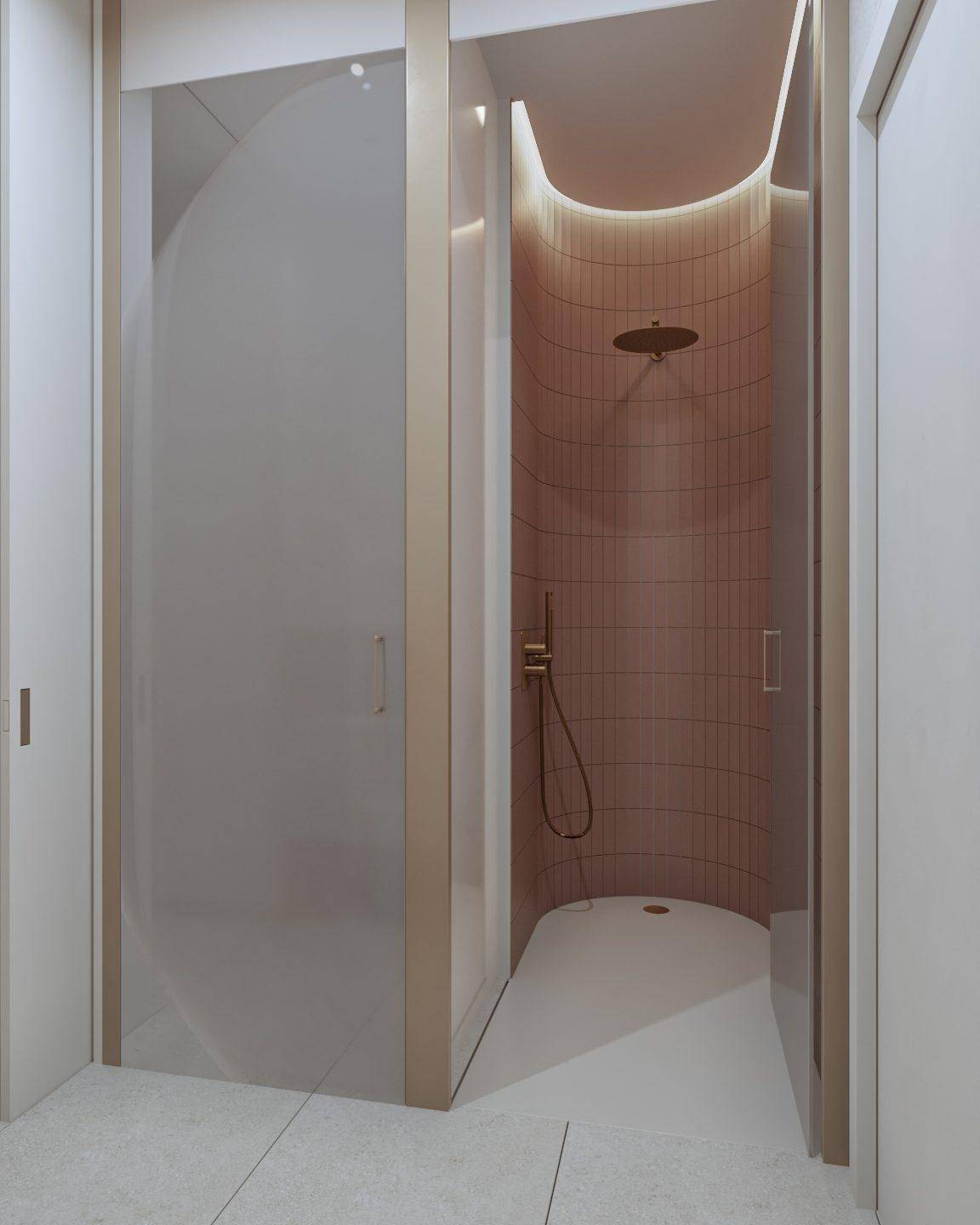 Modernes Badezimmer mit einer einzigartigen geschwungenen Duschkabine und Regendusche.