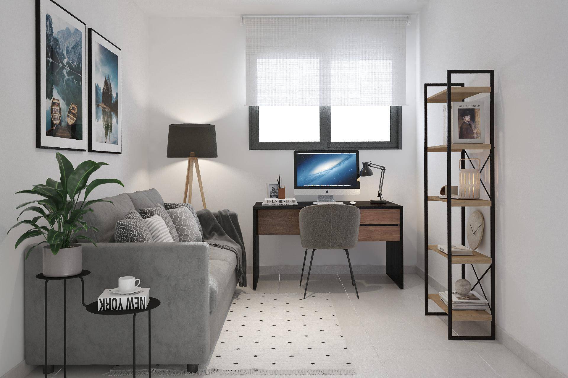 Modernes Arbeitszimmer mit Schreibtisch, Regal und bequemer Sitzgelegenheit.