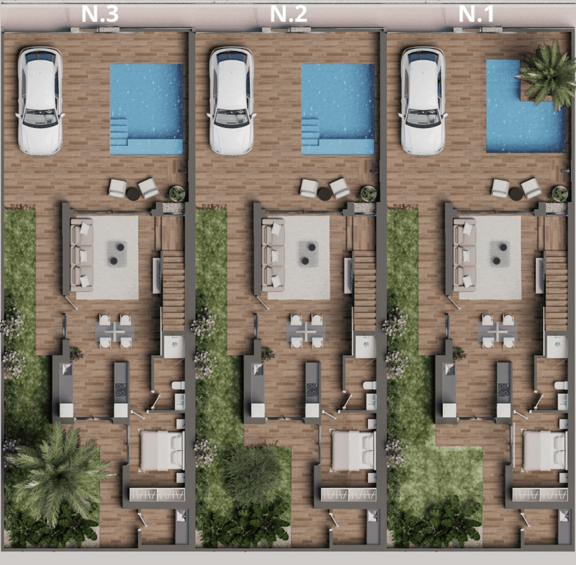 Grundriss der Erdgeschosse mit Wohnbereichen, Küchen, Schlafzimmern und privaten Pools.