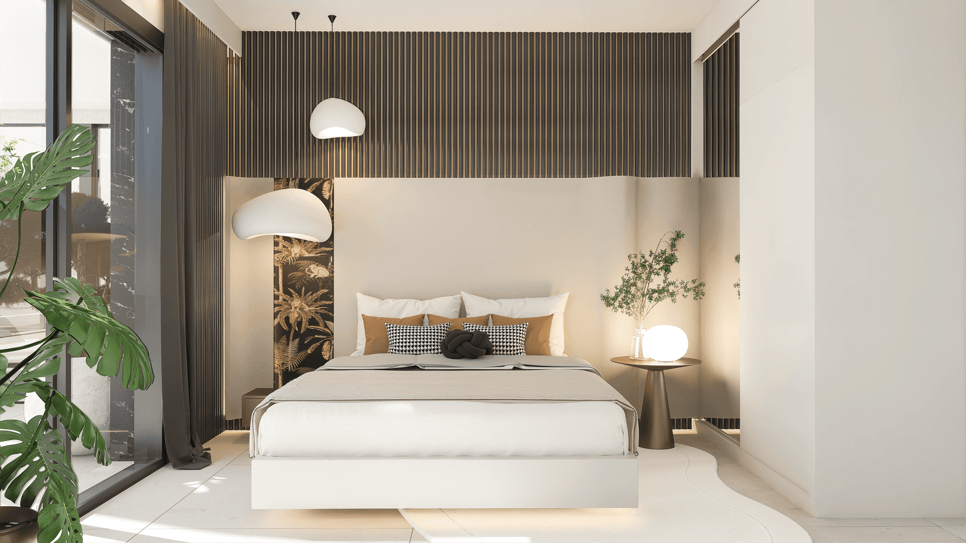 Helles Schlafzimmer mit modernem Bett, dunkler Holzvertäfelung und großen Fenstern für viel Licht.