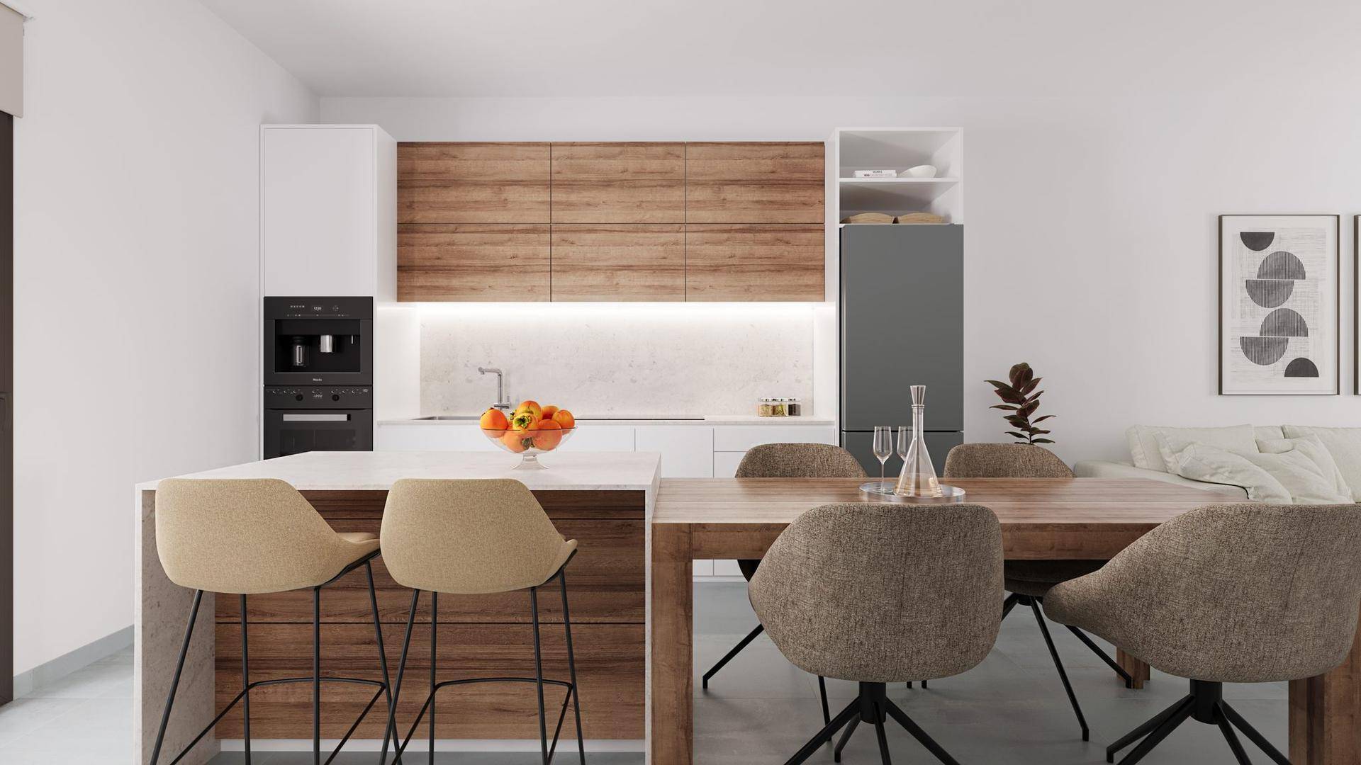 Moderne Küche mit Kochinsel, Holzakzenten, integrierten Geräten und Essbereich.