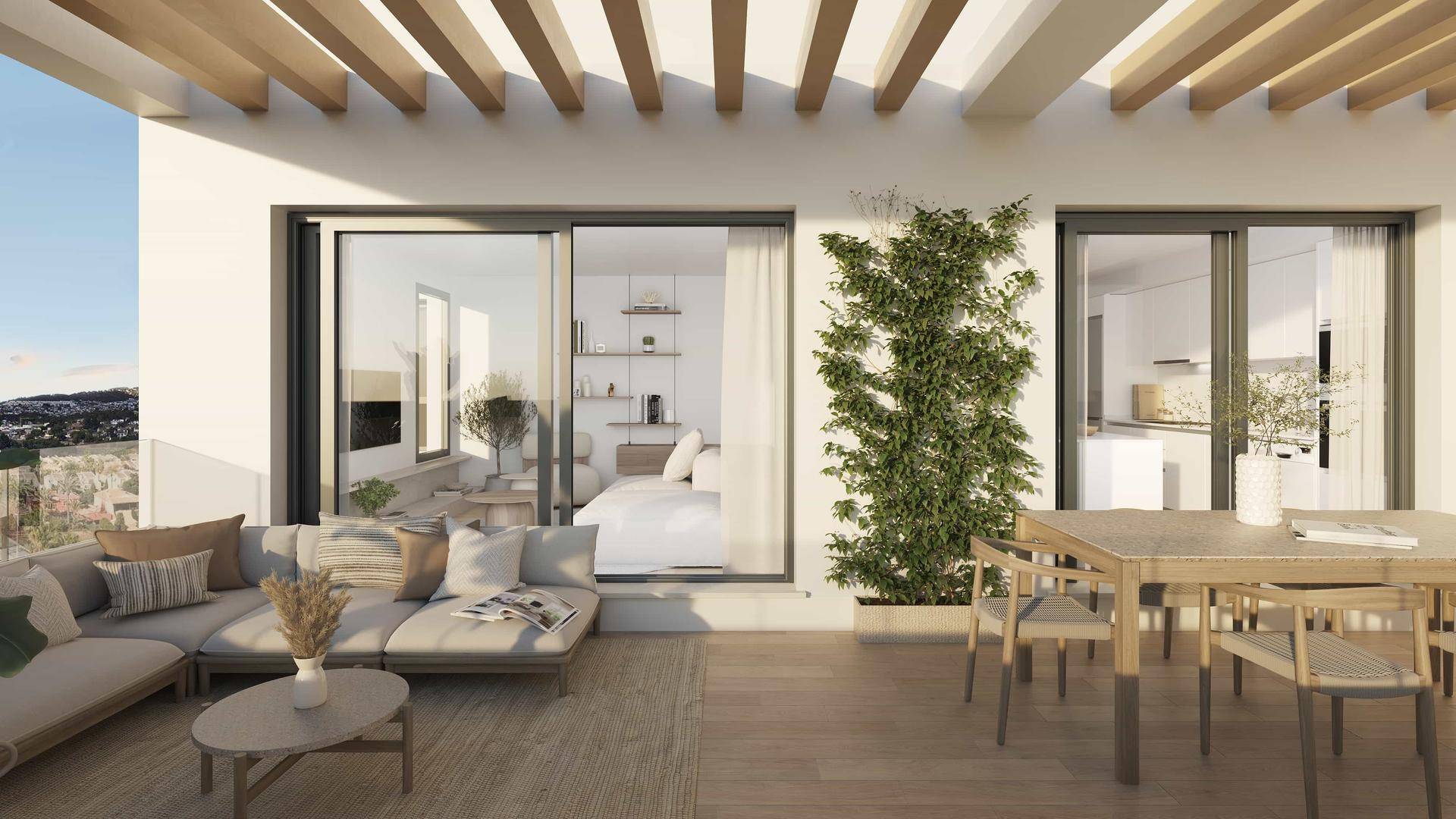 Geräumige Terrasse mit Essbereich und Lounge-Möbeln, direktem Zugang zu den Innenräumen.