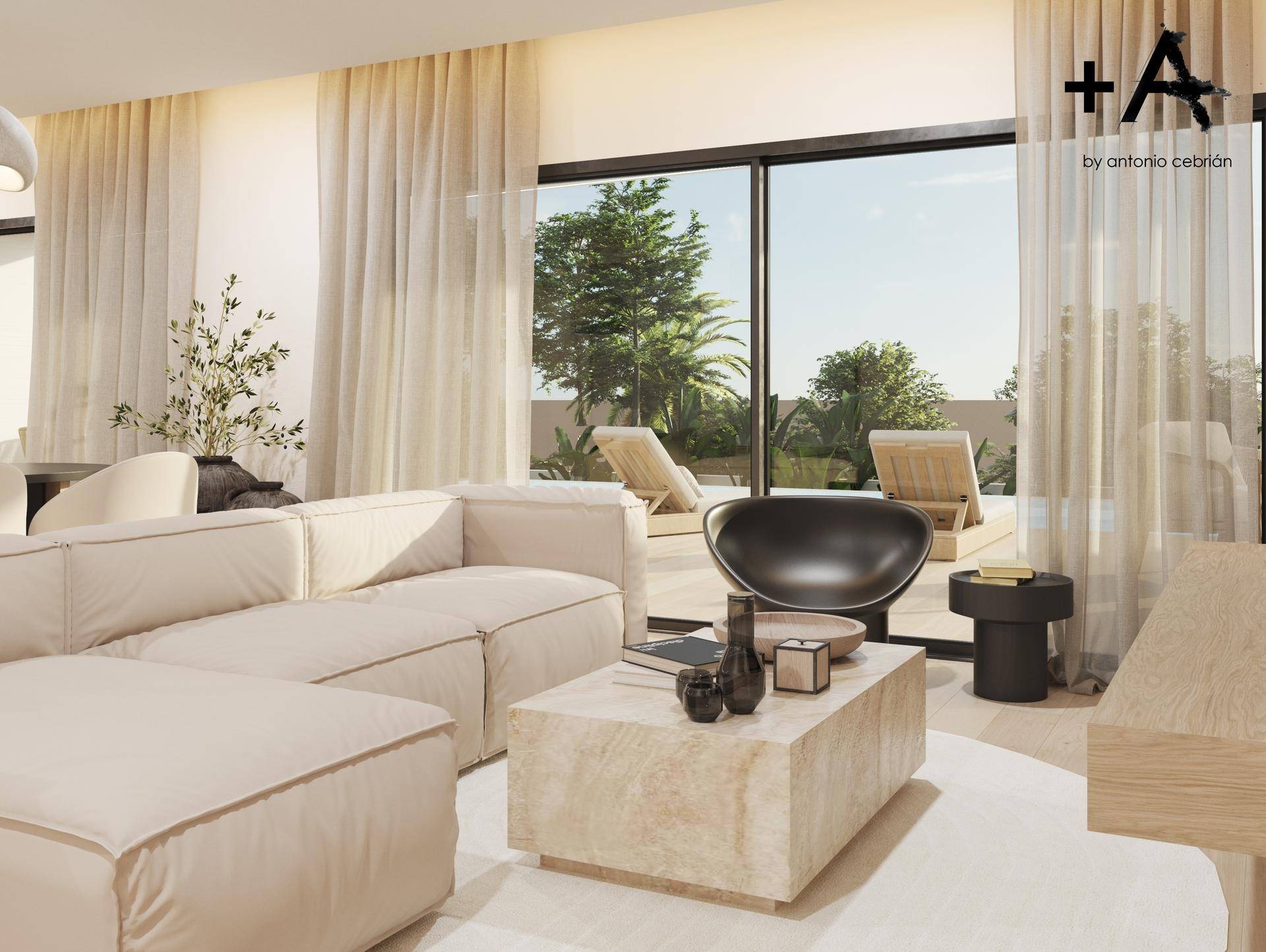 Helles Wohnzimmer mit bequemer Couch, Couchtisch und großem Fenster zum Poolbereich.