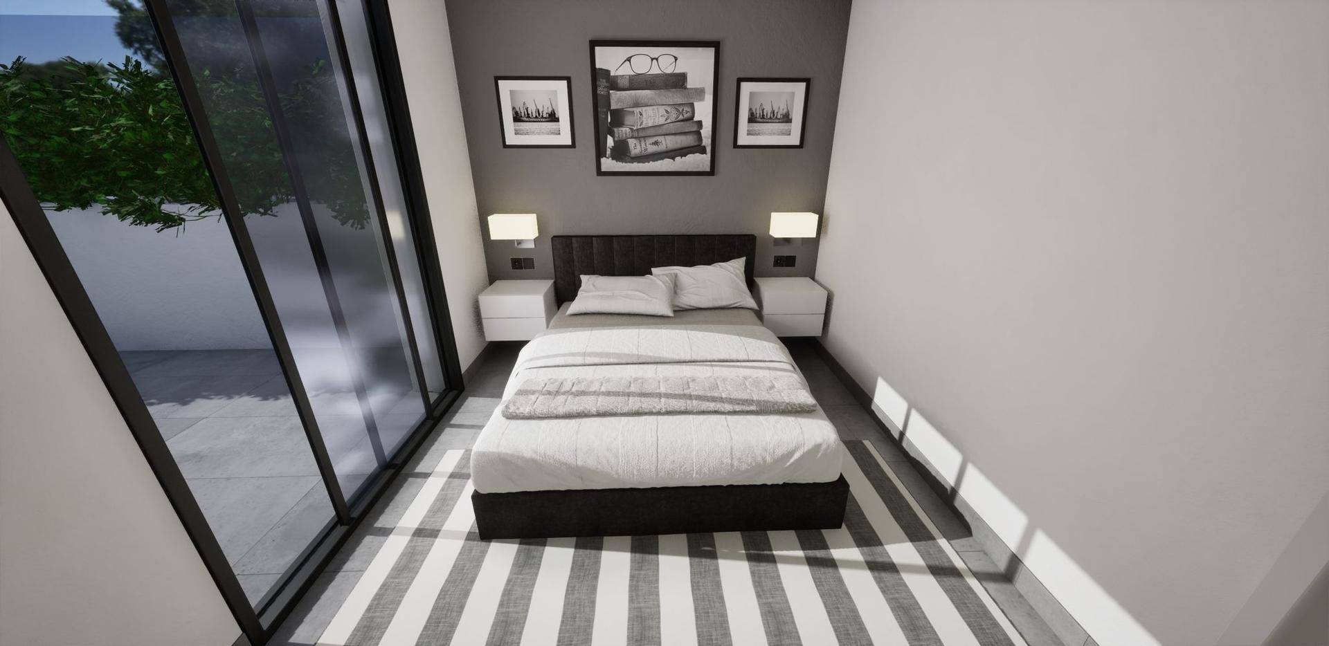 Modernes Schlafzimmer mit Doppelbett, Nachttischen und großen Fenstern zum Außenbereich.