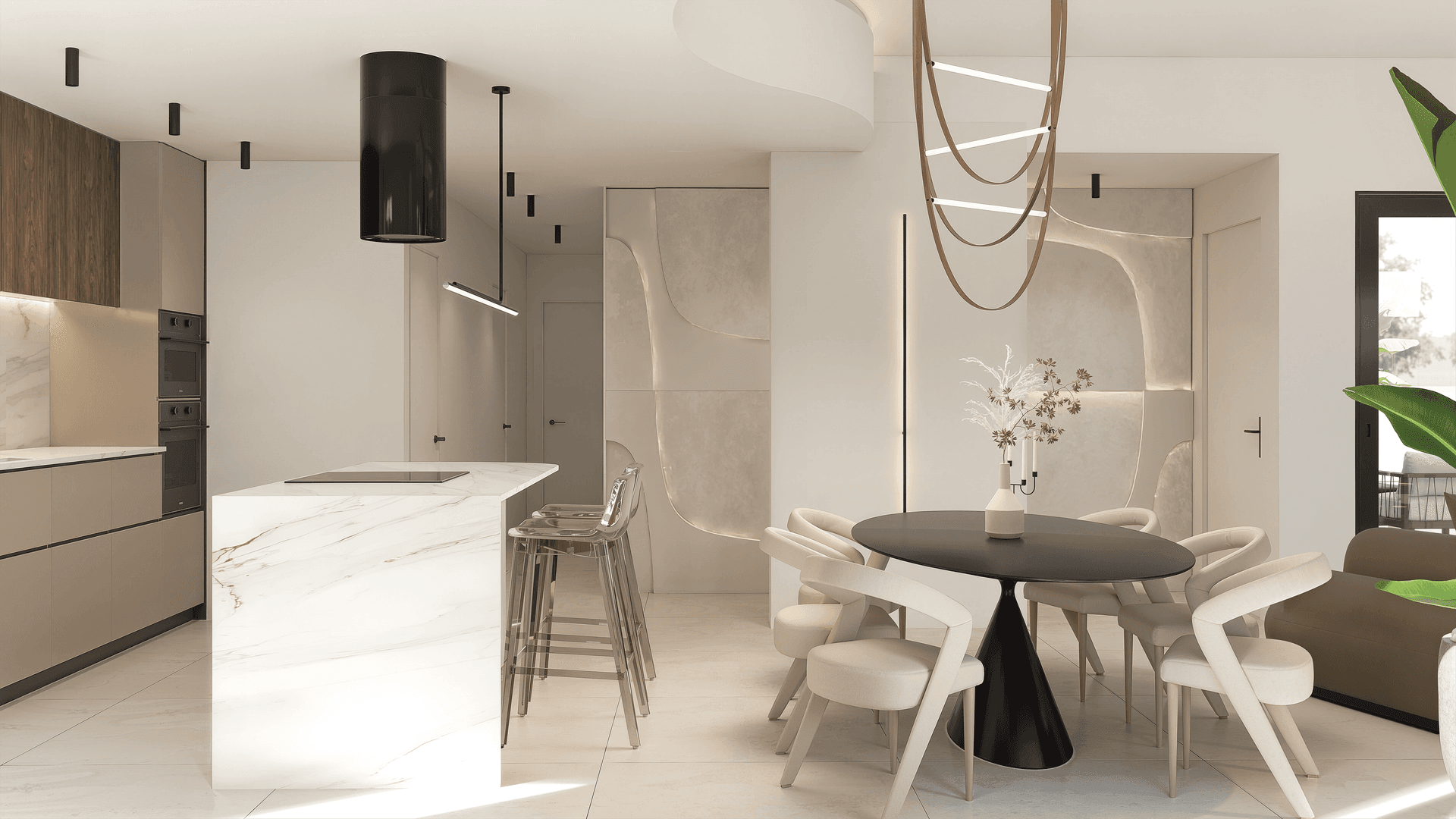 Moderne Küche mit Kochinsel und Essbereich, ausgestattet mit hochwertigen Materialien und Design.