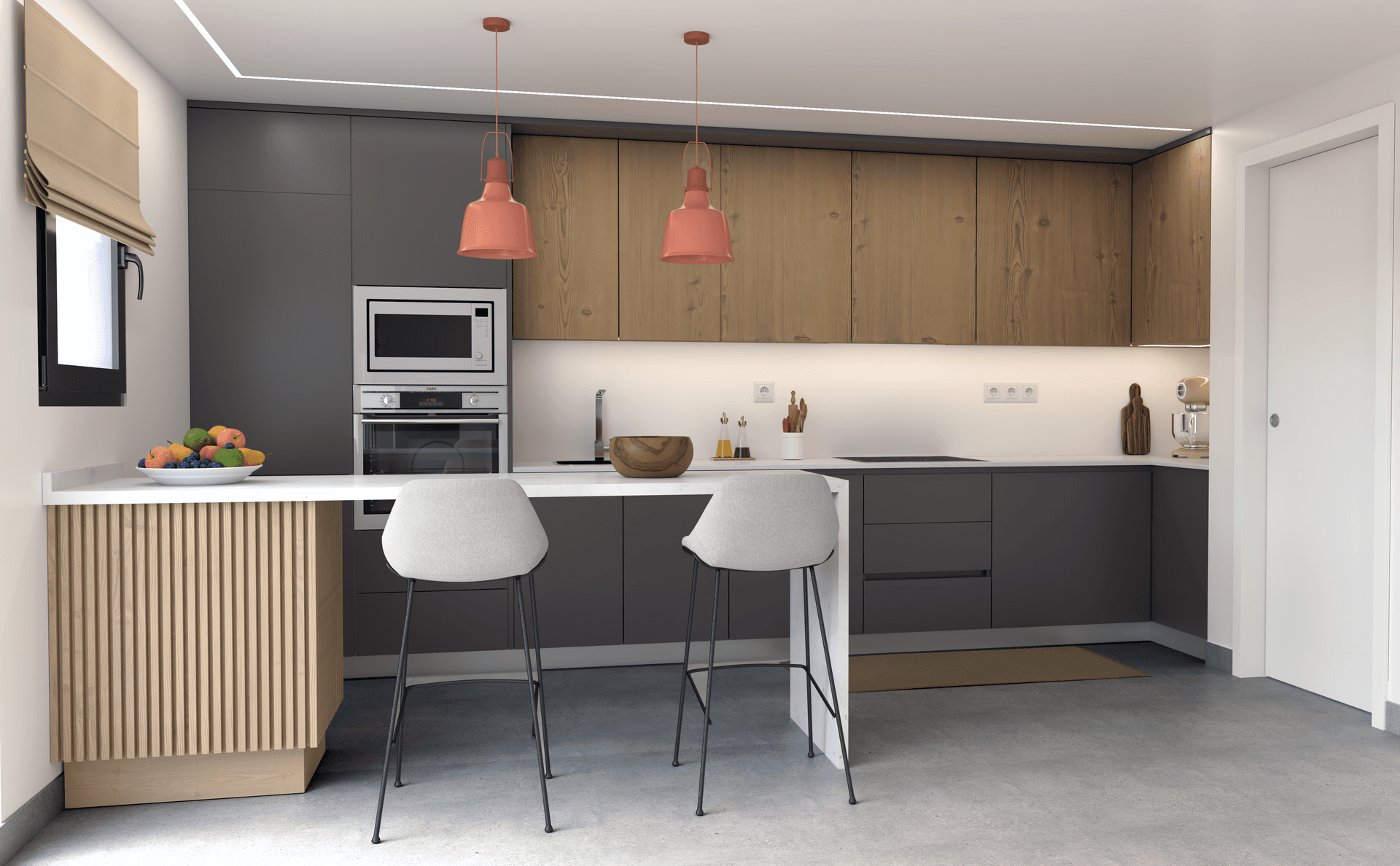 Moderne Küche mit dunklen und holzfarbenen Schränken, integrierten Geräten und einer Frühstücksbar.