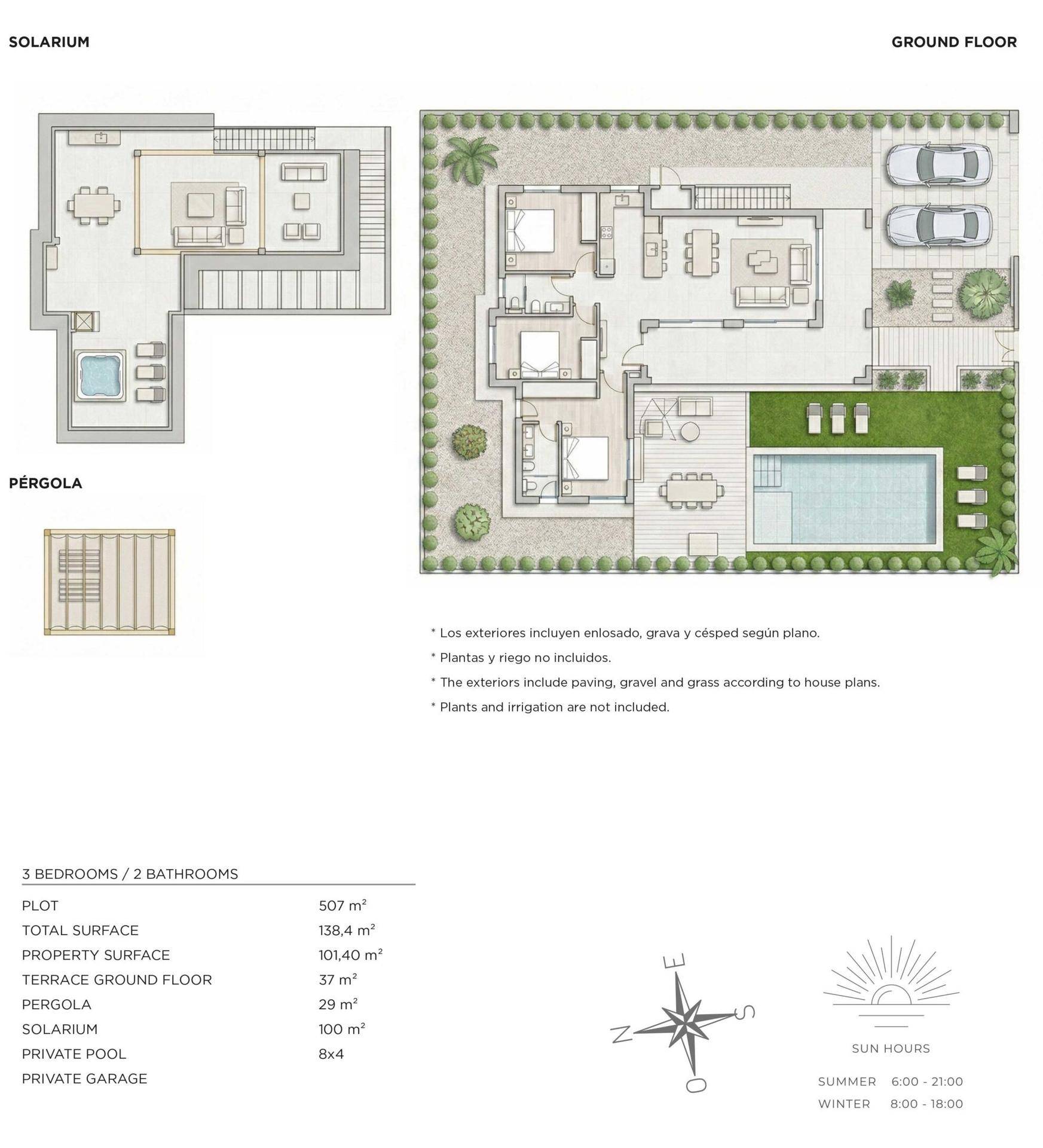 Detaillierter Grundriss der Villa mit offenem Wohnbereich, drei Schlafzimmern, Pool und Doppelgarage.