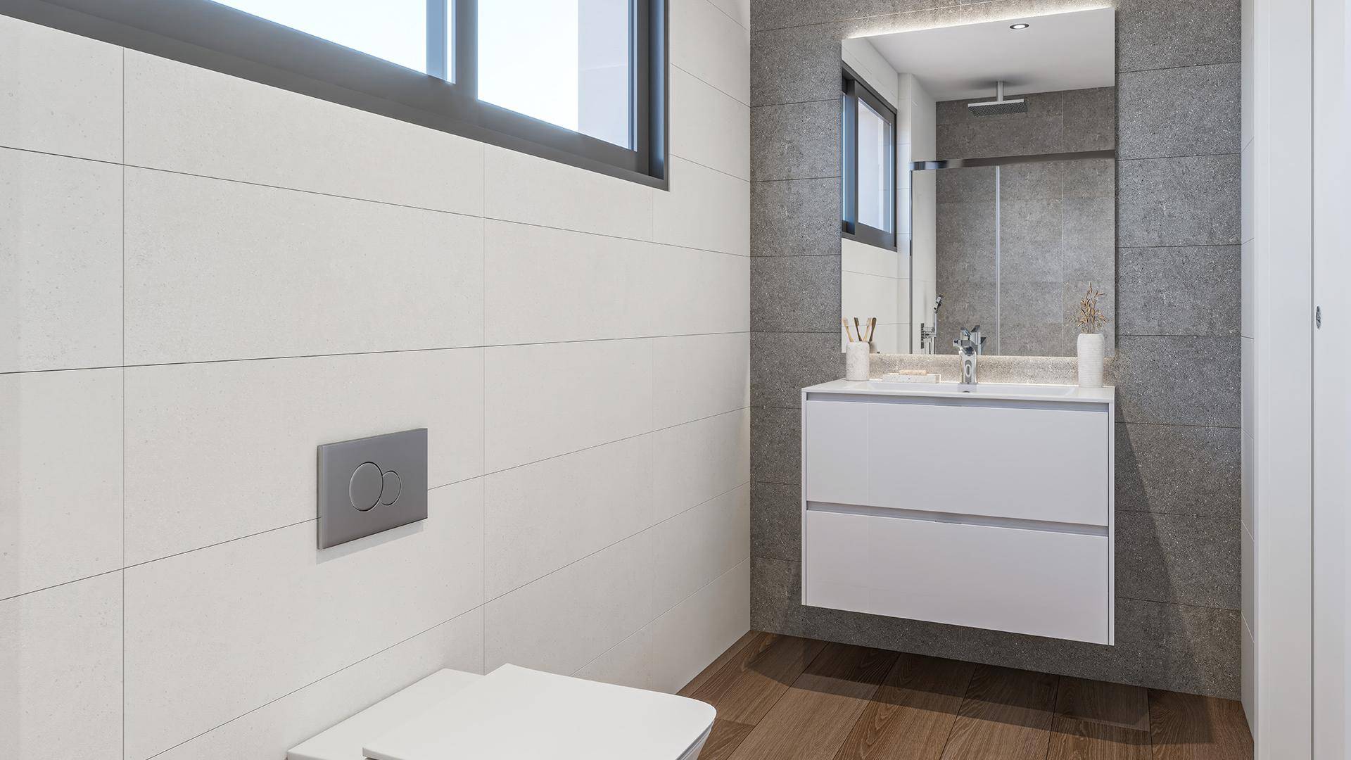 Helles Badezimmer mit modernem Waschtisch, Wand-WC und Fenster für natürliche Belüftung.